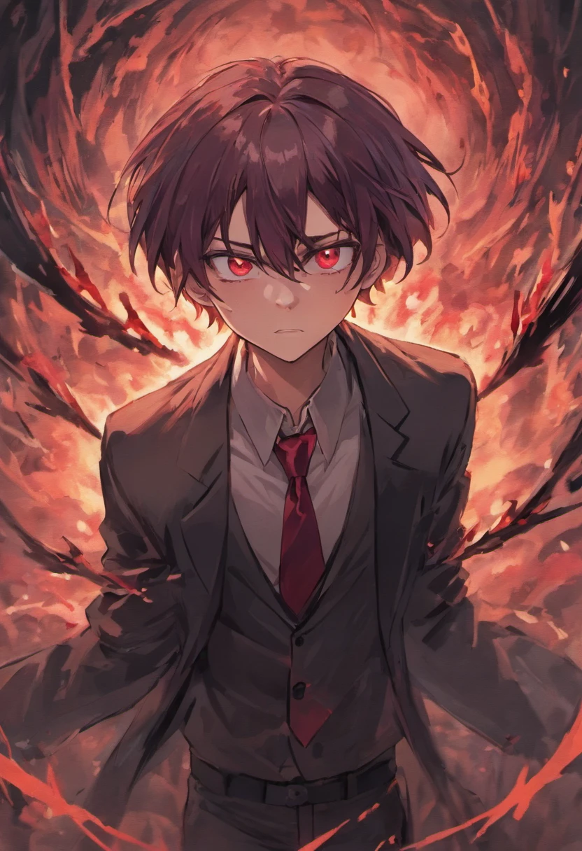 Blood Sea style（Fidelity，Fidelity：1.4），a pregirl，Solo，Red eyes，Purple hair，are standing，In the forest，leaning down，Reached（angry look：1.4），gritting teeth，white  shirt，collared shir，black necktie，Black pants，longer sleeves，Black coat，Expose the collarbone，Behind you are the flames and the ruins of the Red Sea