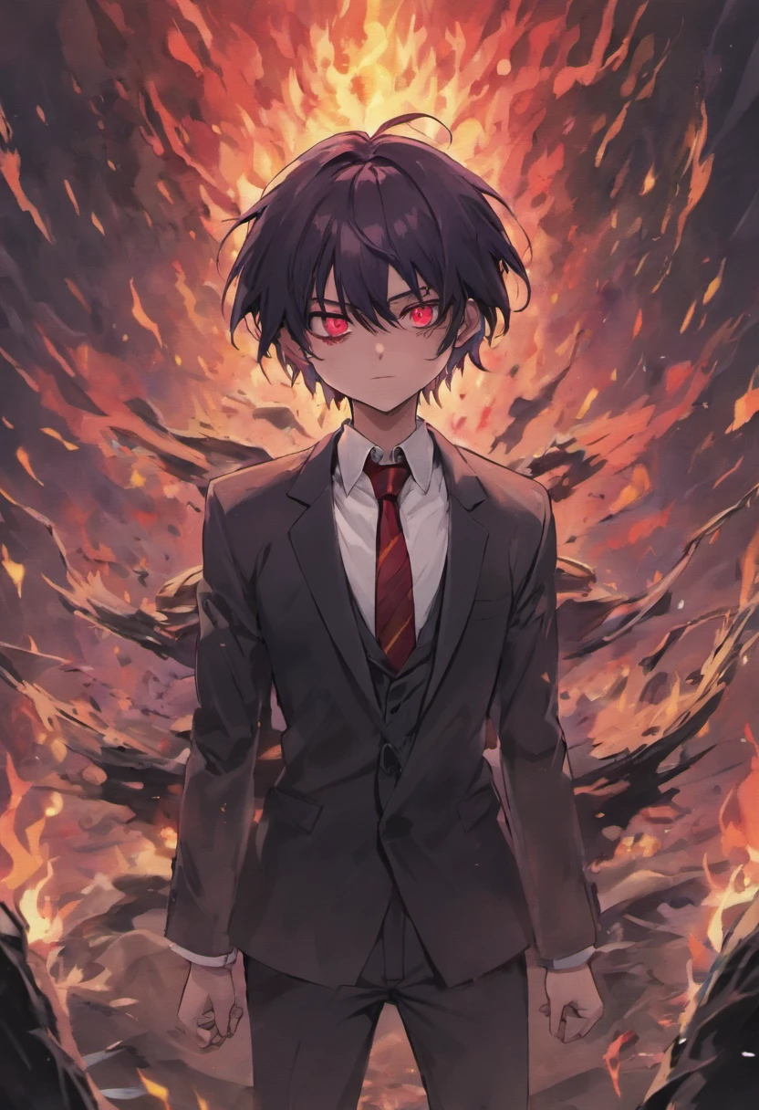 Blood Sea style(Fidelity,Fidelity:1.4),a pregirl,Solo,Red eyes,Purple hair,are standing,In the forest,leaning down,Reached(angry look:1.4),gritting teeth,white shirt,collared shir,black necktie,Black pants,longer sleeves,Black coat,Expose the collarbone,Behind you are the flames and the ruins of the Red Sea