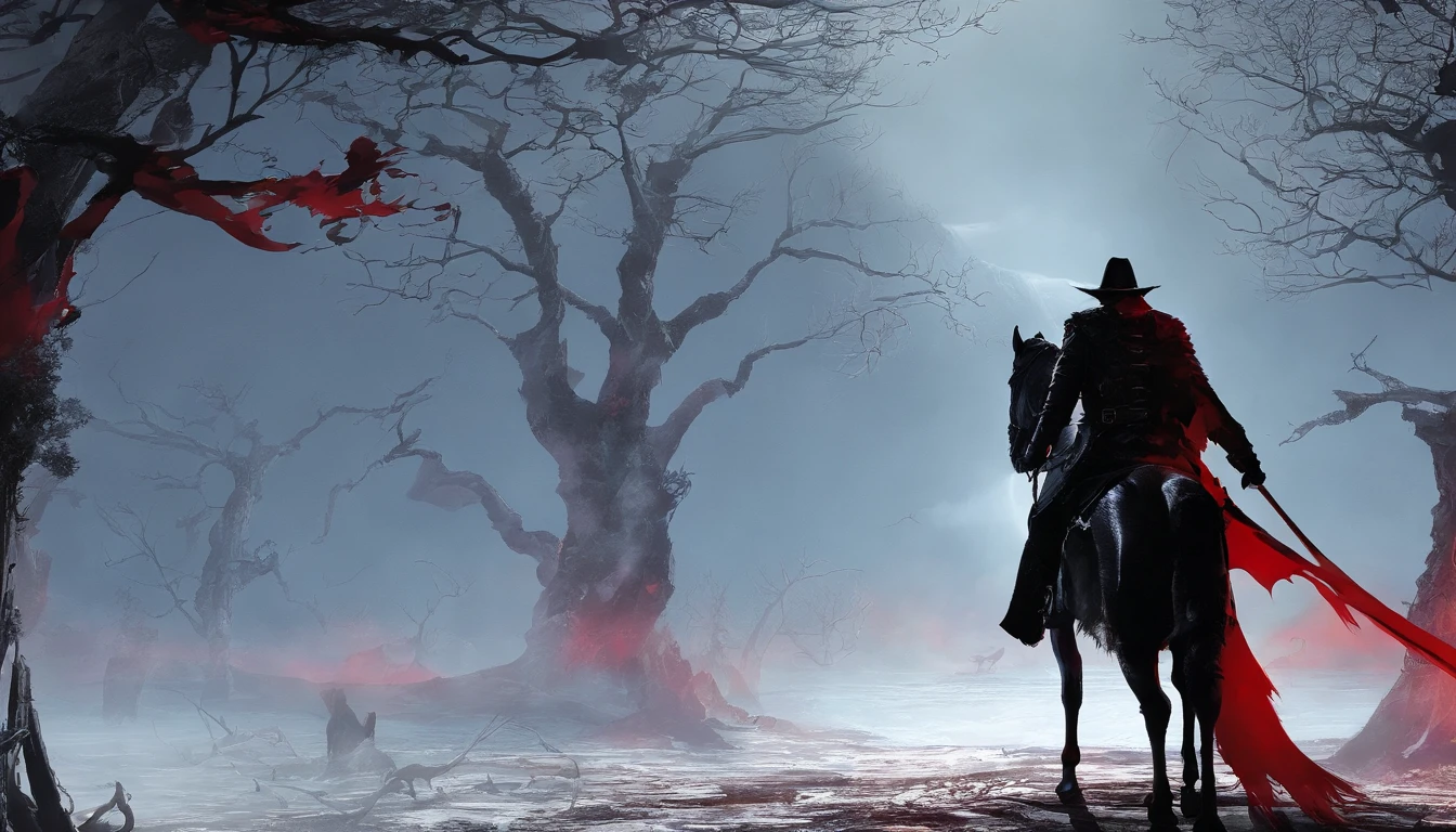 Undead Terror Knight,Riding black(Red-eyed zombie horse:1.5),The background is pitch black wilderness,There were several dried corpses hanging from a dead tree,themoon,4K,best qualtiy,primitive,((Ultra-detailed and high-precision details))