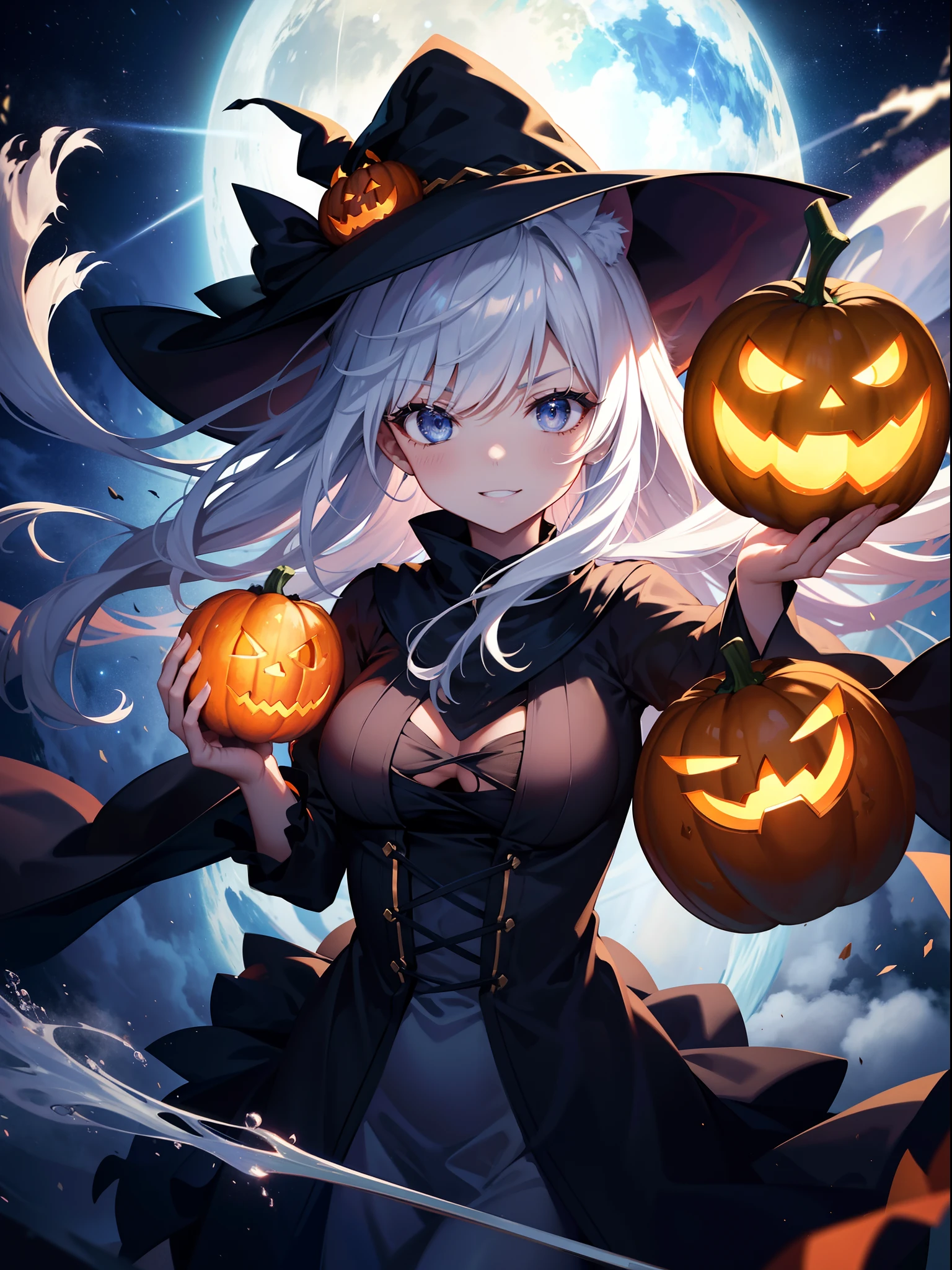 (Sky blue braided medium length hair), (Pink eyes),Fair skin) ,(whole body),(One Girl),(Crescent Moon),(A large number of pumpkin ghosts in the background),(Trick or Treat),Halloween Party),(masterpiece, Highest quality, Very detailed, Best Shadow), (Detailed Background), (Beautifully detailed face), High Contrast, (Best lighting, Very delicate and beautiful), ((Cinematic Light)), Hyper Detail,8k, Dramatic Light, Intricate details,Witch's Clothes,Magic broom,night,Bats fly in the sky,