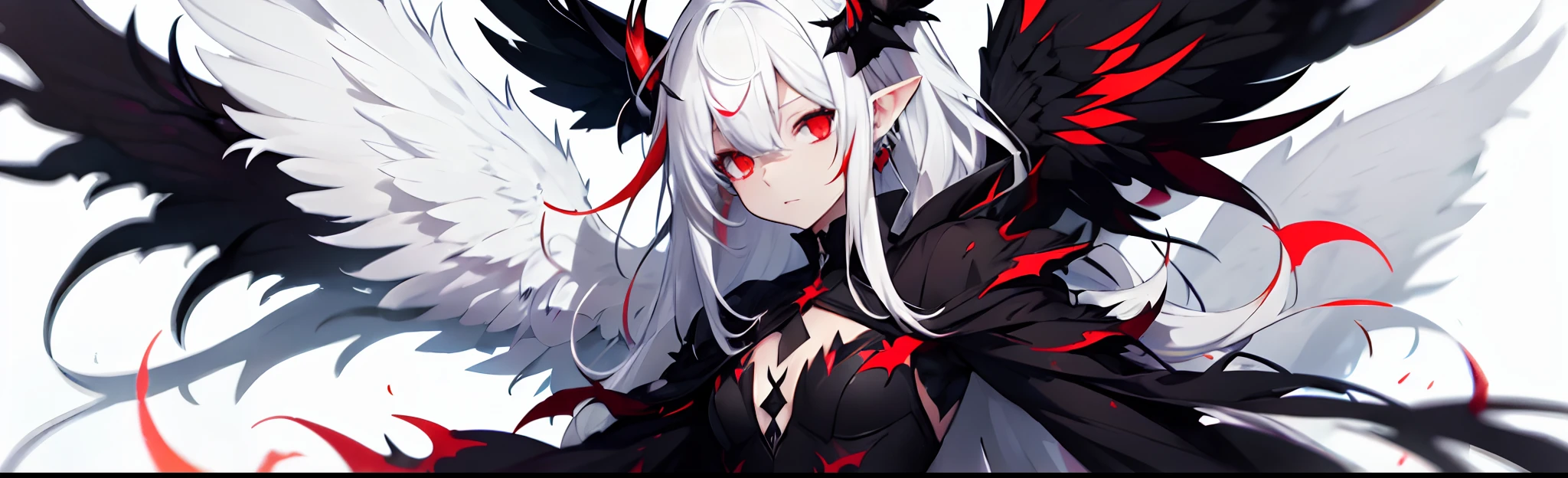 masutepiece, A white-haired、Frizzy Hair, longhair、red Inner Color、heterochromia, red eye, blue eye, Detailed eye drawing、Slim Body, black jersey、Spiteful smile、fangs、Open her eyes、float、barefoot、Moe Sleeve、black theme、lots of bandages, blood, horror-esque