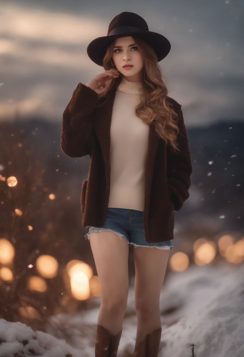 Starry eyes, It looks even more beautiful than immortal, Ahoge, hair, star-shaped pupils, Amber eyes, colored contact lenses, blush, high detailing, Anime, romanticism, Modern, Gothic art, Anime style, Film Lighting, Ray tracing, Motionry, close-up, Sony FE GM, nffsw, high detailing, of the highest quality, 8K, Big breasts, light brown hair, hat, Twin-tailed, Clean fingers, Well-formed fingers, Long jacket, bow ribbon, mystery, knit hat, Snow, irate, impatience