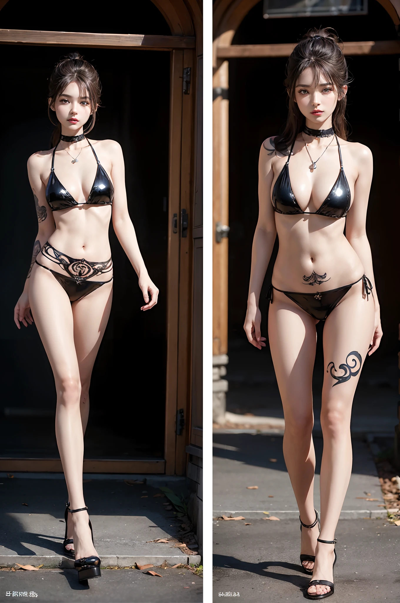 ((masterpiece:1.4)、(top-quality:1.4)、(reallistic:1.7))、a beauty girl、Super sexy girl、Super beautiful girl、((1girl in:1.4))、Shiny natural skin texture、Glossy luxury latex、Luxury Latex Bodysuit、Very revealing sexy outfits、By Luis Royo、age19、Super Ultra Ultra Bikini、(Cute tattoos:1.4)、(standingn)、(full body Esbian:1.4)、(Two arms:1.4、Two legs:1.4)、(perfect anatomia:1.4)、(Perfect female body:1.4)、Portrait photo of a girl、Soft front light、beautiful countenance、kawaii faces、Beautiful udder、Colossal tits、Beautiful ass、A detailed eye、Draw eyes clearly and beautifully、beautidful eyes、Narrow waist、Raw photo、red-lips、Red high heels、Long hair keeps together in a cool way、poneyTail、a choker、a necklace、耳Nipple Ring、1 screen display、Beautiful girl standing on the ruins of the fictional super ancient city of Tokara