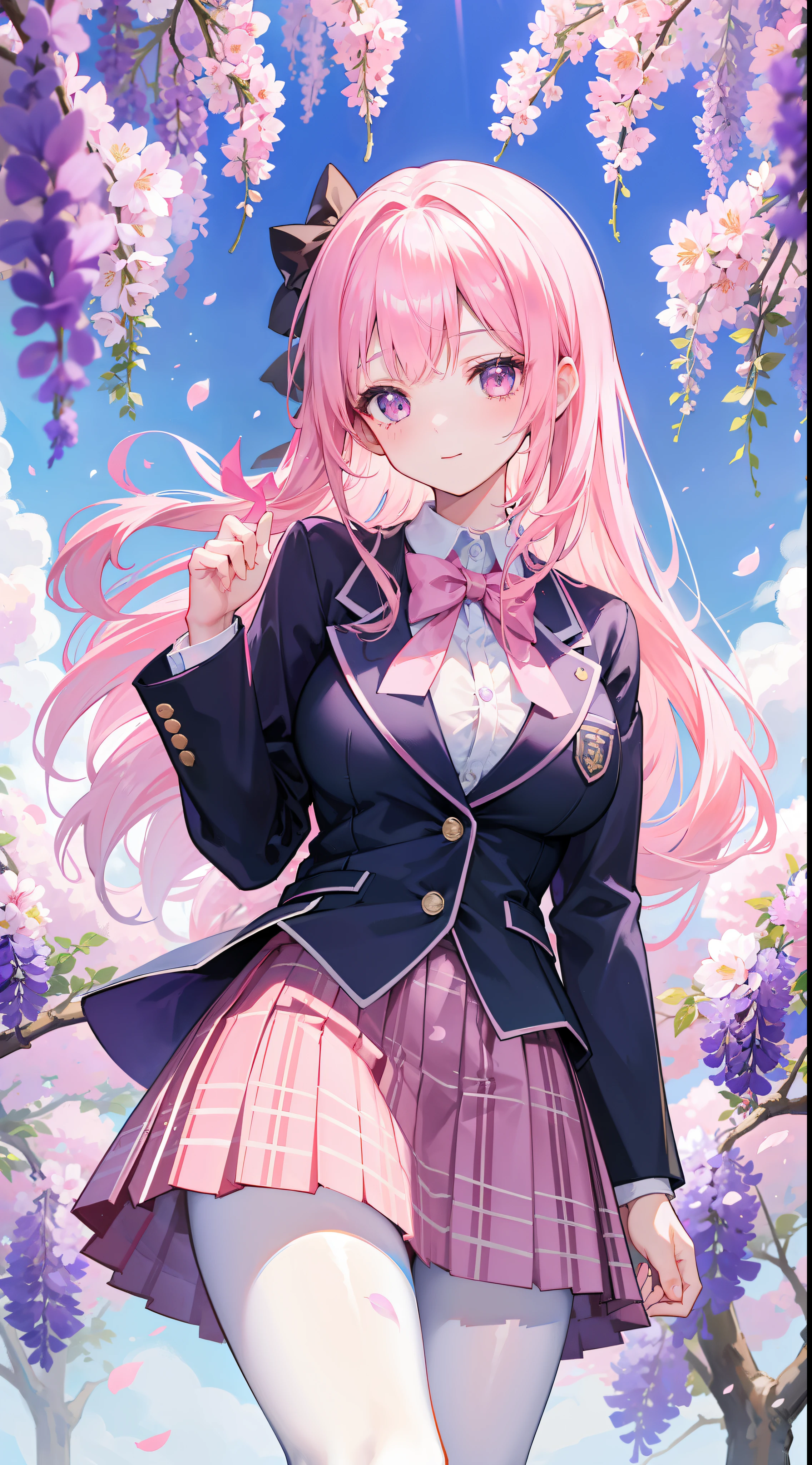 A girl in school uniform stands in front of a tree,Pink flowers bloom on the branches,1个Giant Breast Girl,By bangs,Bare tree,blazer jacket,Bow knot,neck bowtie,tree branch,SakuraNS,collar shirt,daysies,Falling petals,florest background,florals,graduate,flower sea,jaket,long whitr hair,longer sleeves,looking at viewert,exteriors,lacepantyhose,petals,pink flowers that,tartan,pleatedskirt,clubs,校服,The shirt,a skirt,ssmile,独奏,springtime \ (seasons \),The tree,Wisteria - anime ,huge boob