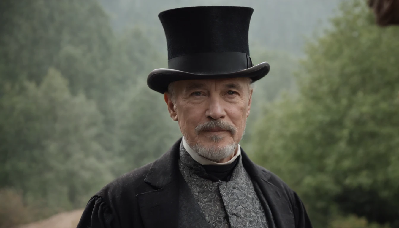 Old gentleman with a goatee,sit on chair,Eyes look at boots,Black high-gloss rain boots, 8K分辨率,Wallpaper masterpiece,Best quality,digitial painting,Highly meticulous,Ultra high quality