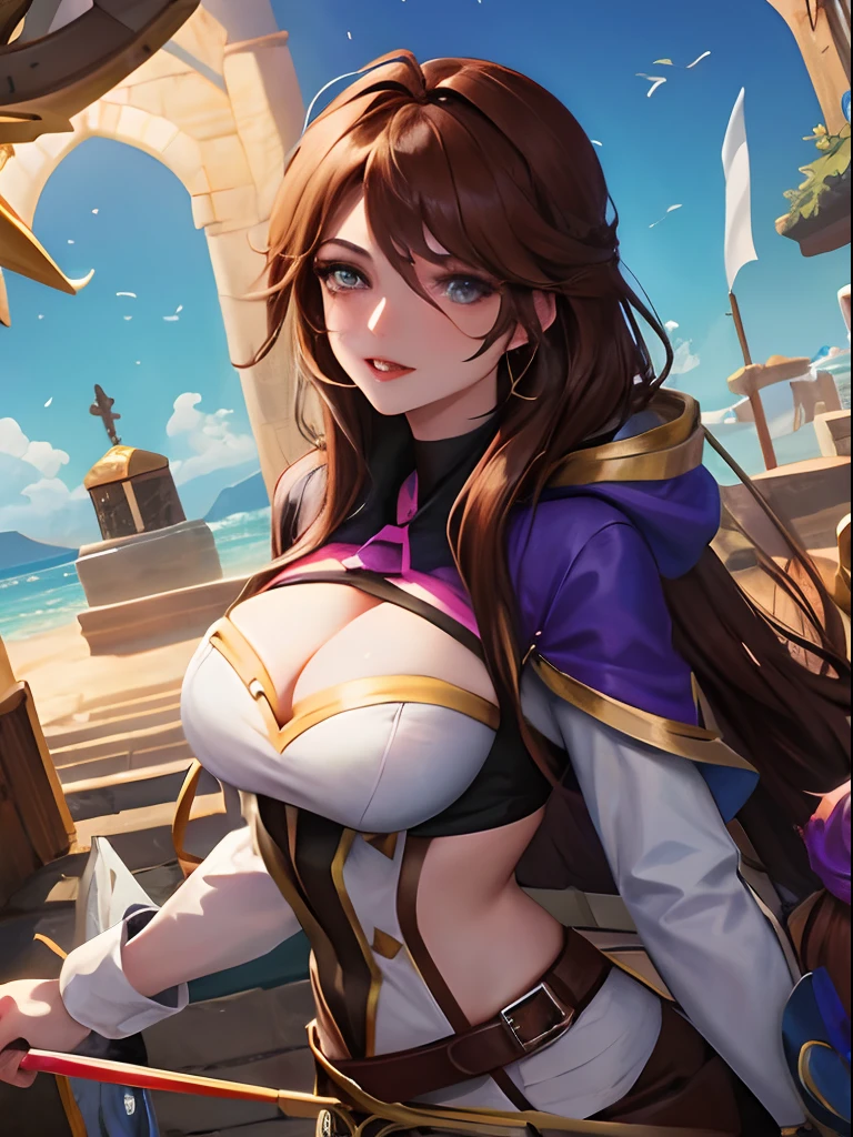 Ashe fusion miss fortune legends league. brown-hair .apuntando con arco y flechas. tetas grandes.