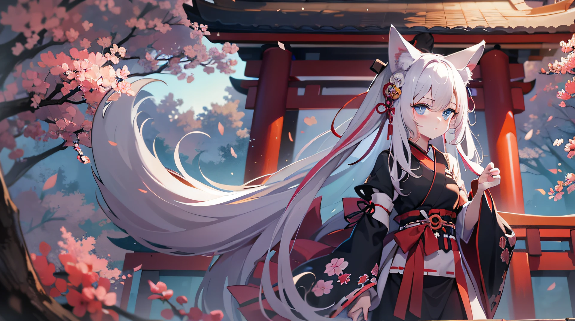 1 foxgirl, small breasts, long white hair pink highlights, blue eyes, wearing black and red miko dress, fluffy white tail, shy expression japanese shrine, high res, ultrasharp, anime art wallpaper 4k, masterpiece, looking at viewer