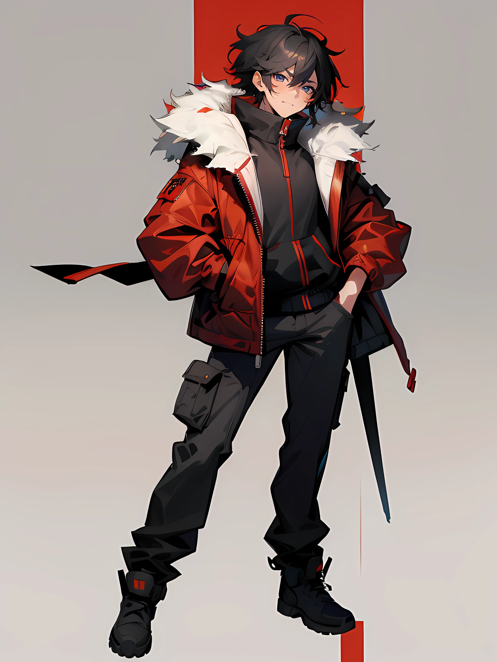 1 guy, short messy black hair, left eye red, right eye golden, wearing a dark gray parka with red accent, cargo pants, no background, simple background, high res, ultrasharp, sharp outline, full body