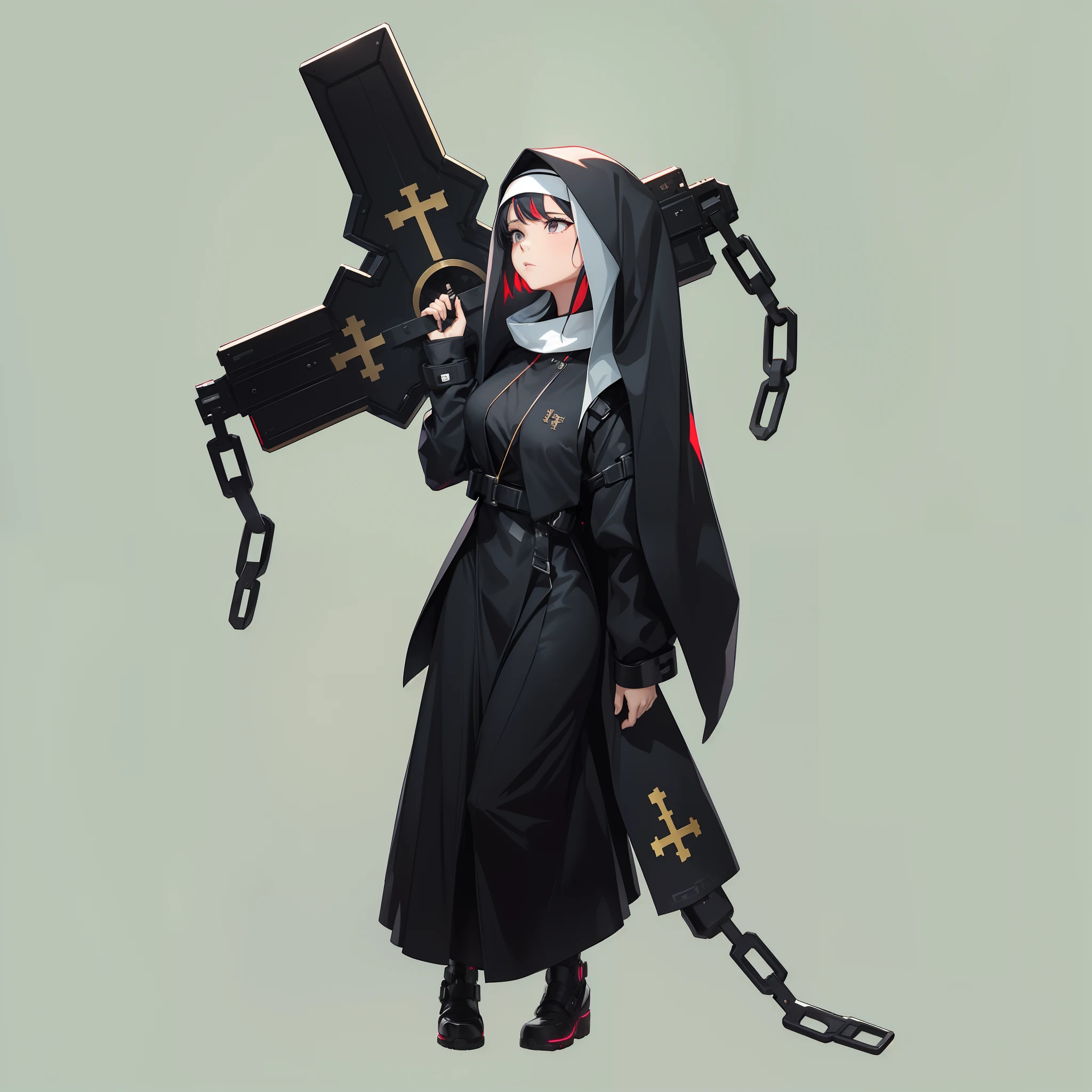 arafed nun with a cross and a suitcase on a chain, nun, nun outfit, an evil nun, nun fashion model, vampire nun, cyberpunk nun warrior, official character art, cushart krenz key art feminine, character artwork, billie eilish as a sad nun, priest, ( ( character concept art ) ), female cleric