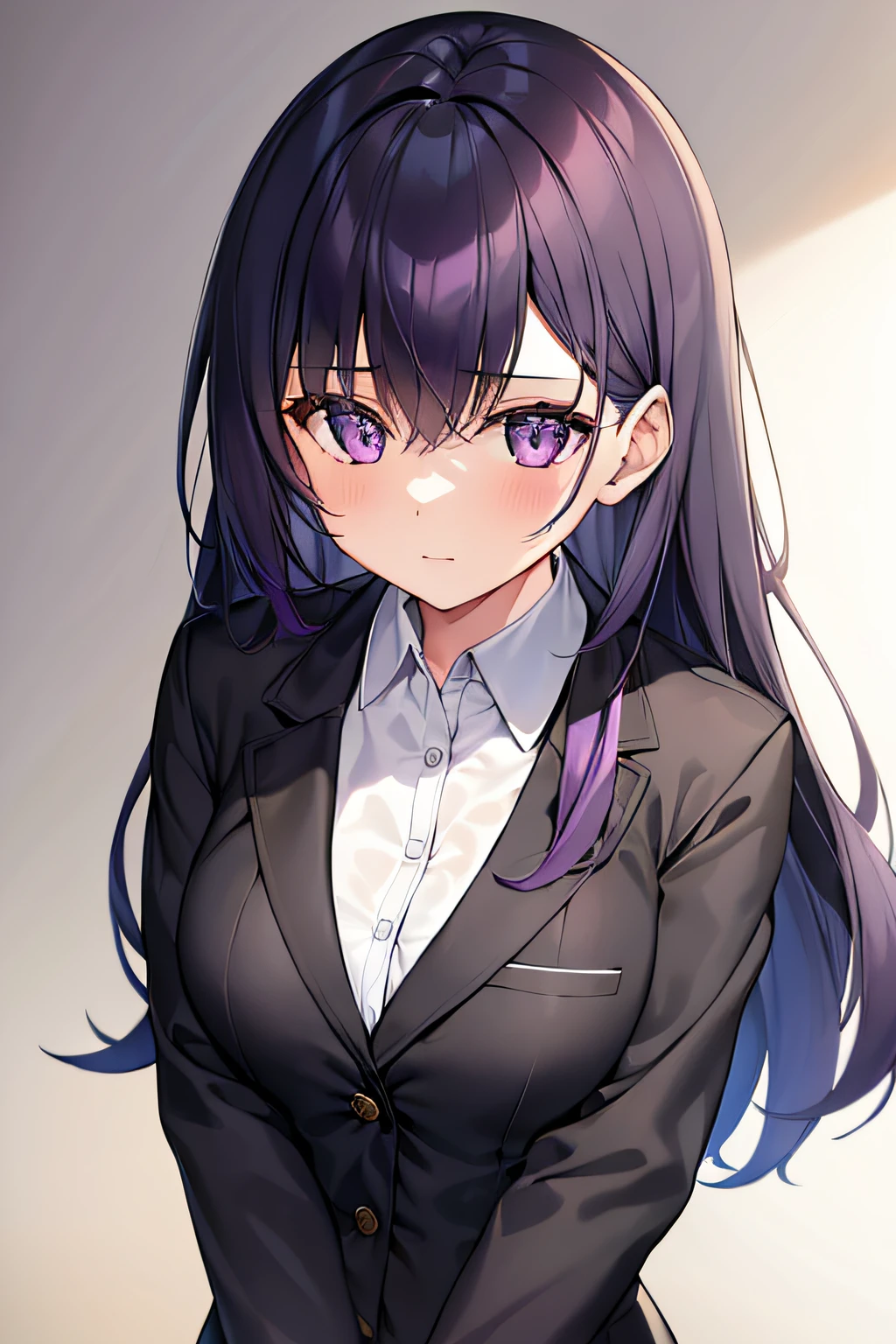 a girl with a dark purpled hair wearing black blazers and black fancy clothes, black shirt