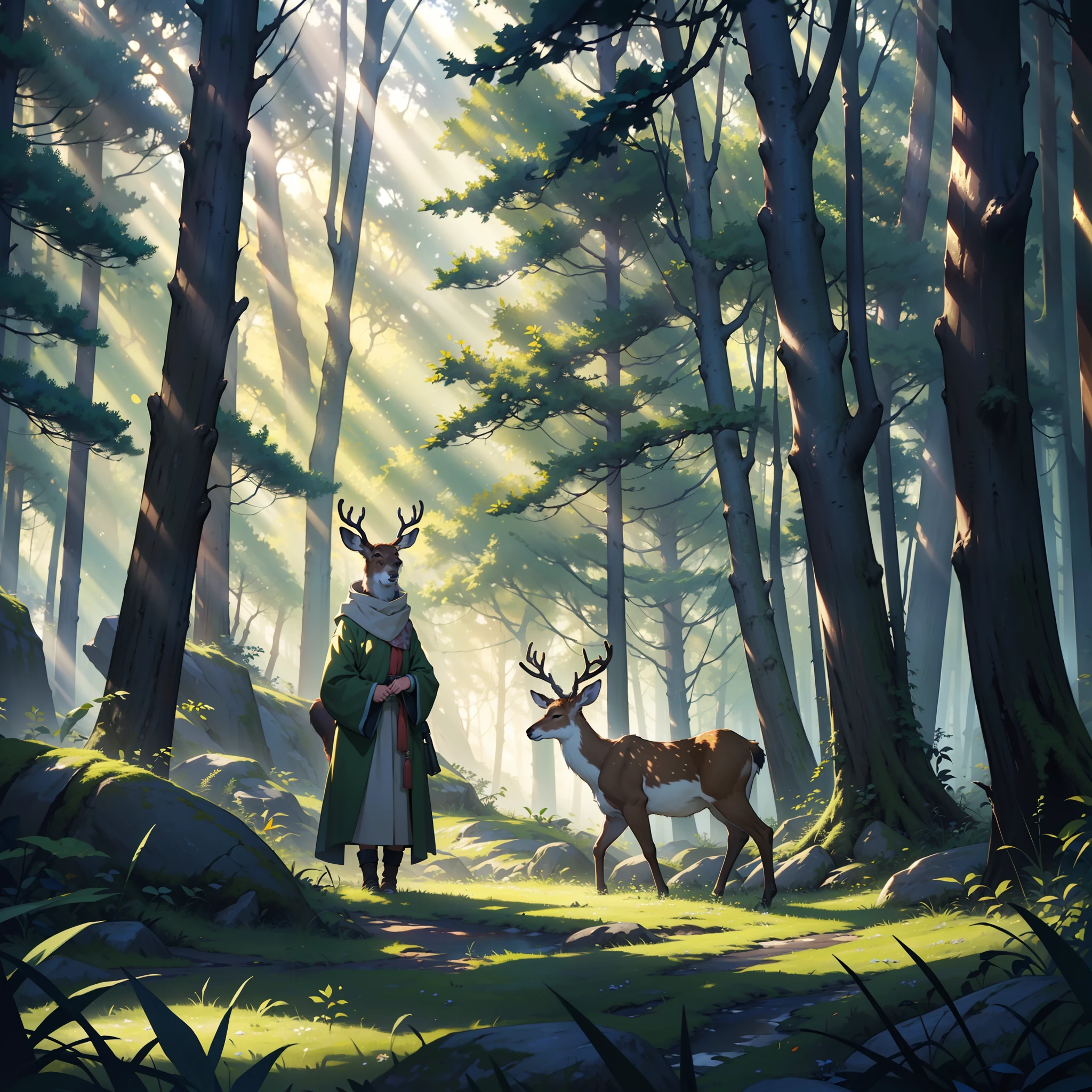 (best quality,4k,8k,highres,masterpiece:1.2),ultra-detailed,realistic,hunter in a forest,illustration,fine art,deep colors,dappled sunlight,serene atmosphere,autumnal scenery,wildlife,mosaic of foliage,barely visible animals,crispy leaves crunching underfoot,ethereal mist,canopy of trees,moss-covered rocks,sunbeam filtering through the trees,deer grazing in the distance,quiet solitude,peaceful tranquility,subtle shadows,distant sounds of chirping birds,echoing footsteps,lost in nature.