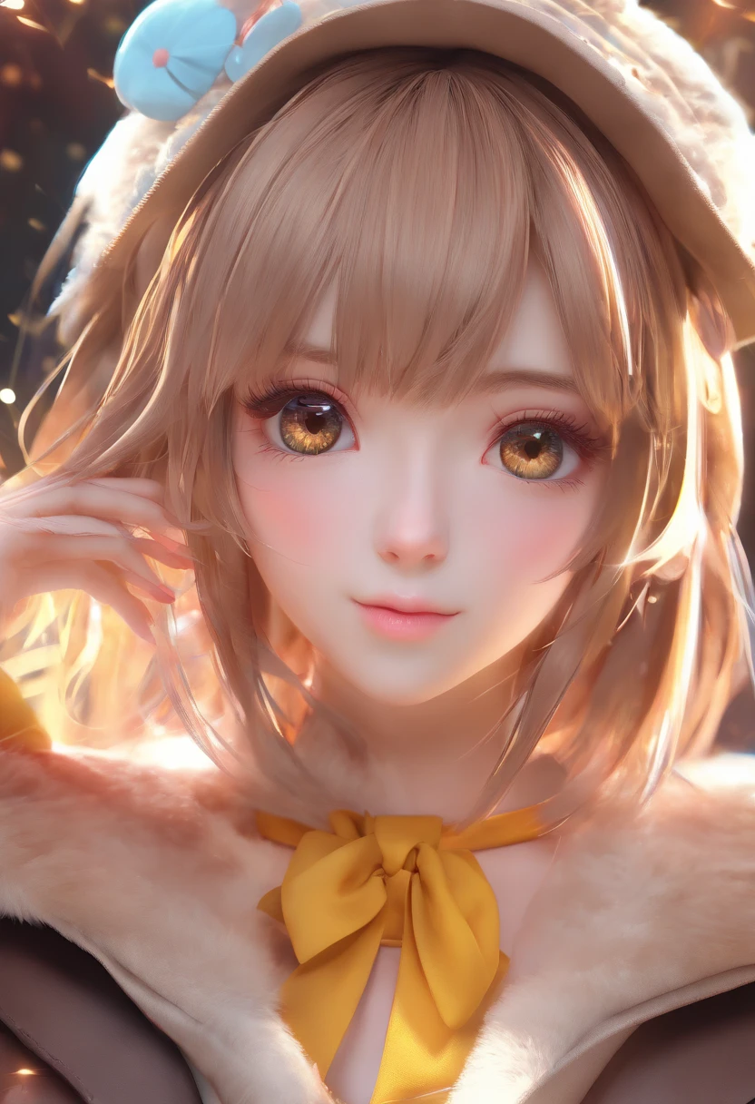 Starry eyes, It looks even more beautiful than immortal, Ahoge, hair, star-shaped pupils, Amber eyes, colored contact lenses, blush, high detailing, Anime, romanticism, Modern, Gothic art, Anime style, Film Lighting, Ray tracing, Motionry, close-up, Sony FE GM, nffsw, high detailing, of the highest quality, 8K, Big breasts, light brown hair, hat, Twin-tailed, Clean fingers, Well-formed fingers, Long jacket, bow ribbon, mystery, knit hat, Snow, irate, impatience