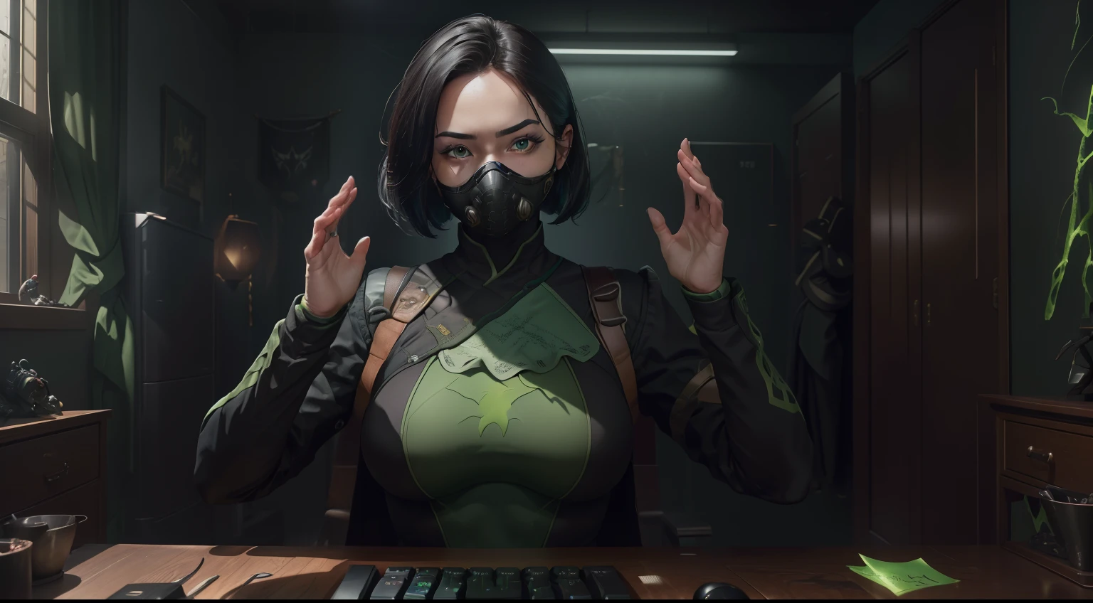 insane details, beautifully color-graded, Unreal engine, Depth of field, extra high resolution, megapixel, Cinematic Lightning, Smoothing, insanely detailed and intricate , Hyper maximalist, hyper realistic, volumetric, Photorealistic, ultra photorealistic, ultra- detailed, intricate details, 8K, Super detailed , Full color, voluminous lighting, HDR, Realistic, Unreal engine, 16k, sharp-focus, Octane Render, RTX. Incredibly detailed faces, Incredible fingers, Unbelievable eyes, Incredible hair, Incredible hands ((( Free postures, sexuality ))) (( brightly, brightly:1,3 , color corrected )) (( Good, ssmile )) ((( Rotated to the right ))) (( big breastes)) (( in clothes )), tmasterpiece, ( venom, Green, tmasterpiece ) (( Respirator face mask )) (( green eye color )) (( lifts the keyboard with his hands into the air)) ((( perfect arms, Perfect fingers ))) ((( Beautiful keyboard ))) ((( 独奏 )))