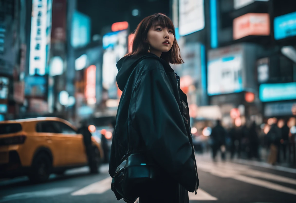 a young cyber fashion girl is standing on the shibuya load in japan, hyper real, photo real, high contrast, 8k, high resorution