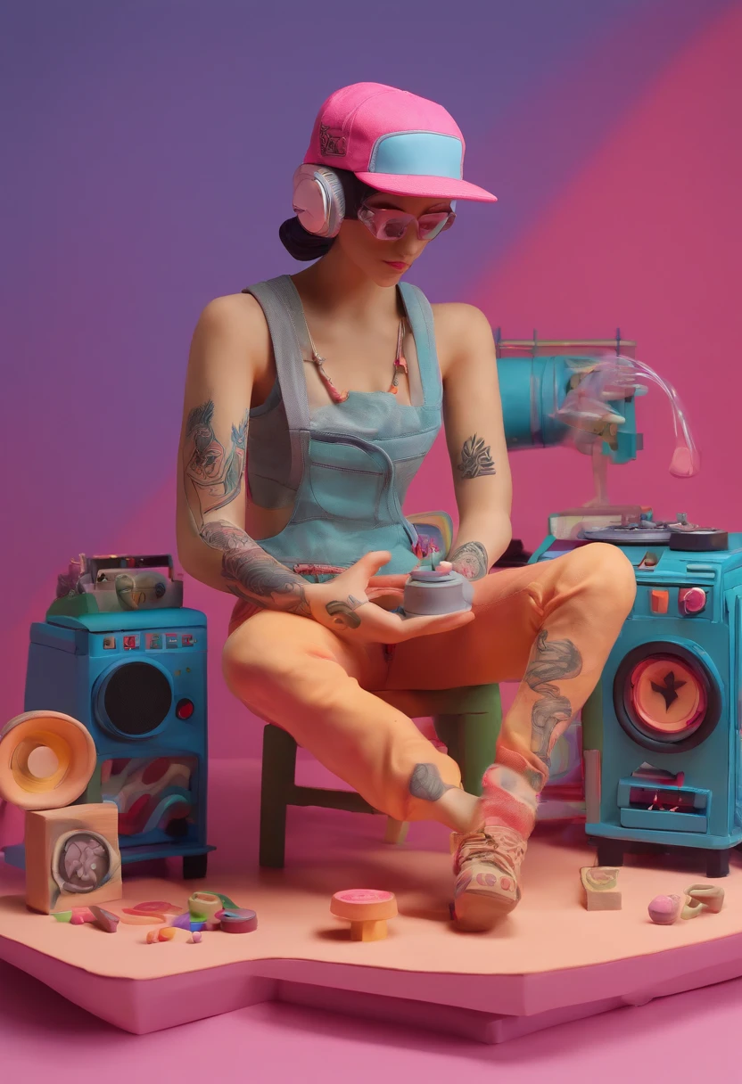 lofi vibes lofi colours woman in tank top and trucker cap with tattoos in her 20s recline relaxing at her dj decks