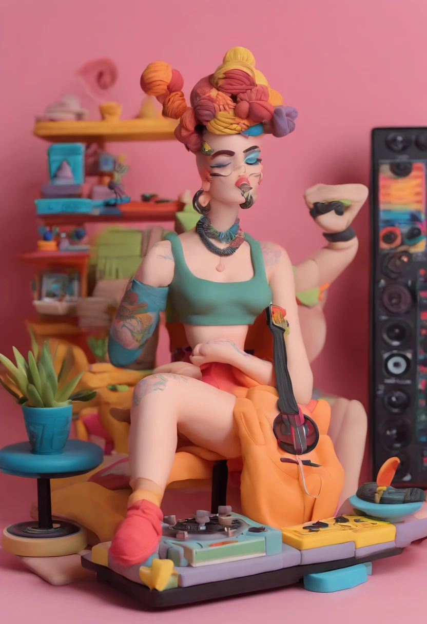 lofi vibes lofi colours woman in tank top and trucker cap with tattoos in her 20s recline relaxing at her dj decks