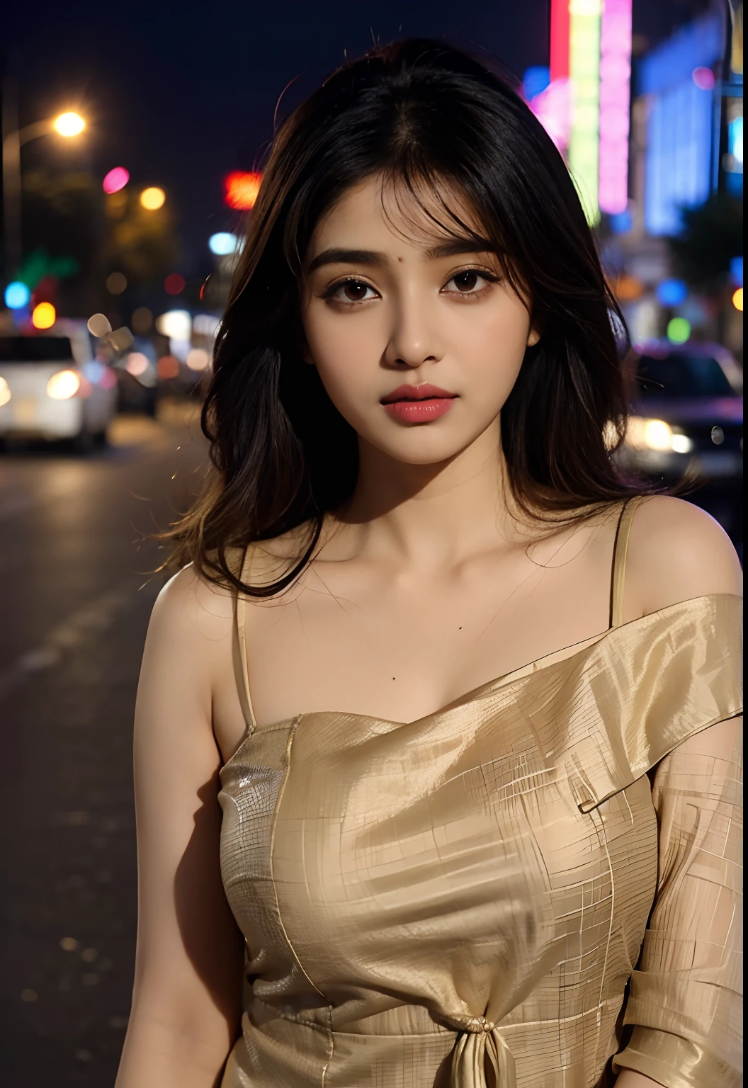 (((desi girl))), chubby face, natural skin, wearing hot deep neck top and dupatta, charming black hair, ((hair ends are blonde)), city streets background, bokeh