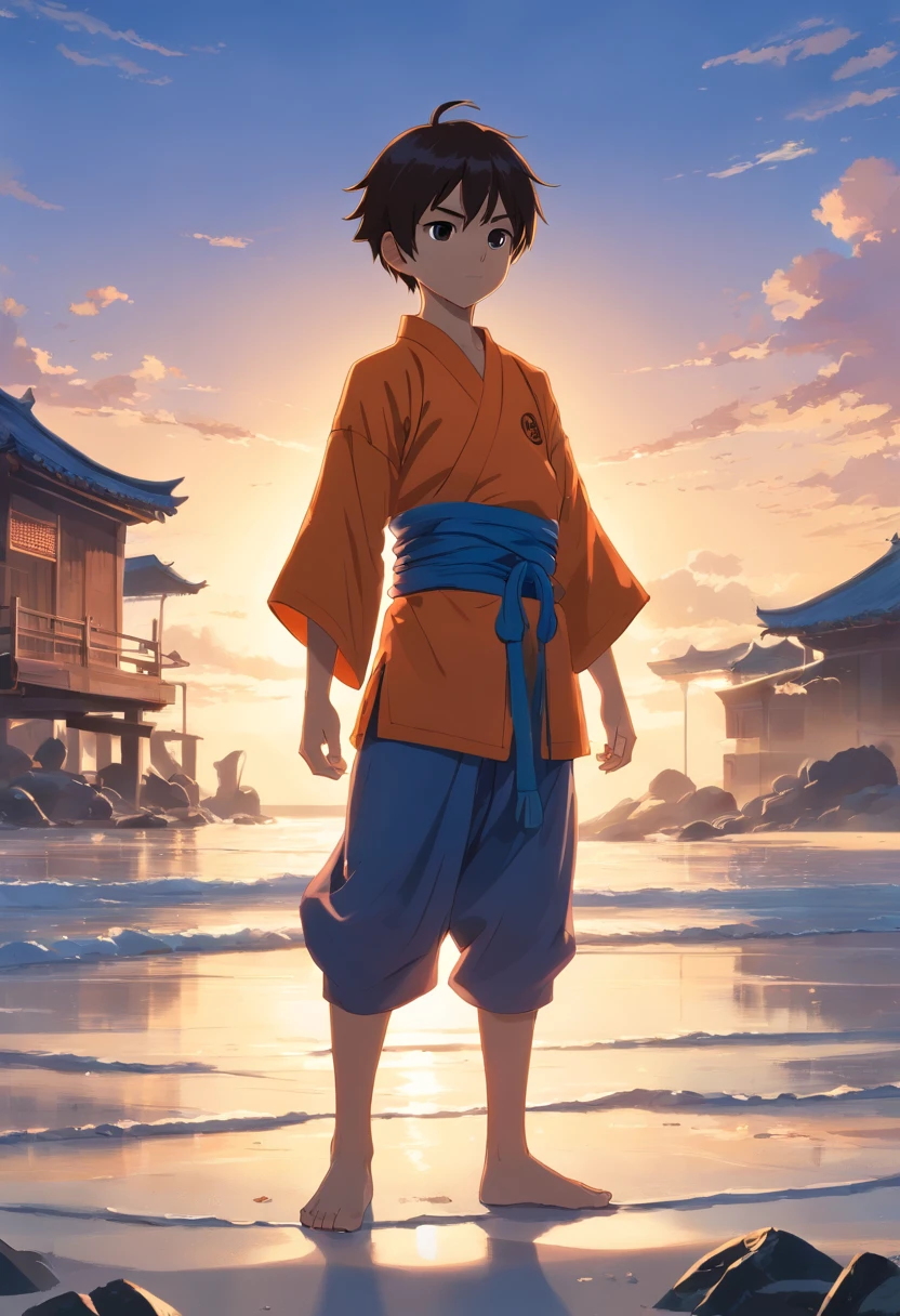 "Por favor, create an image of a child Shaolin monk standing, vestindo vestes de monge tradicionais em tons pretos. The boy monk should be in a quiet meditation pose, with hands resting on crossed legs. Contudo, instead of a human head, the monk boy should have the Yin Yang symbol in black and white. O ambiente ao redor do monge poderia ser a praia. Soft lighting should increase the serenity of the scene. The image should convey a sense of balance, tranquility and union of opposites ."