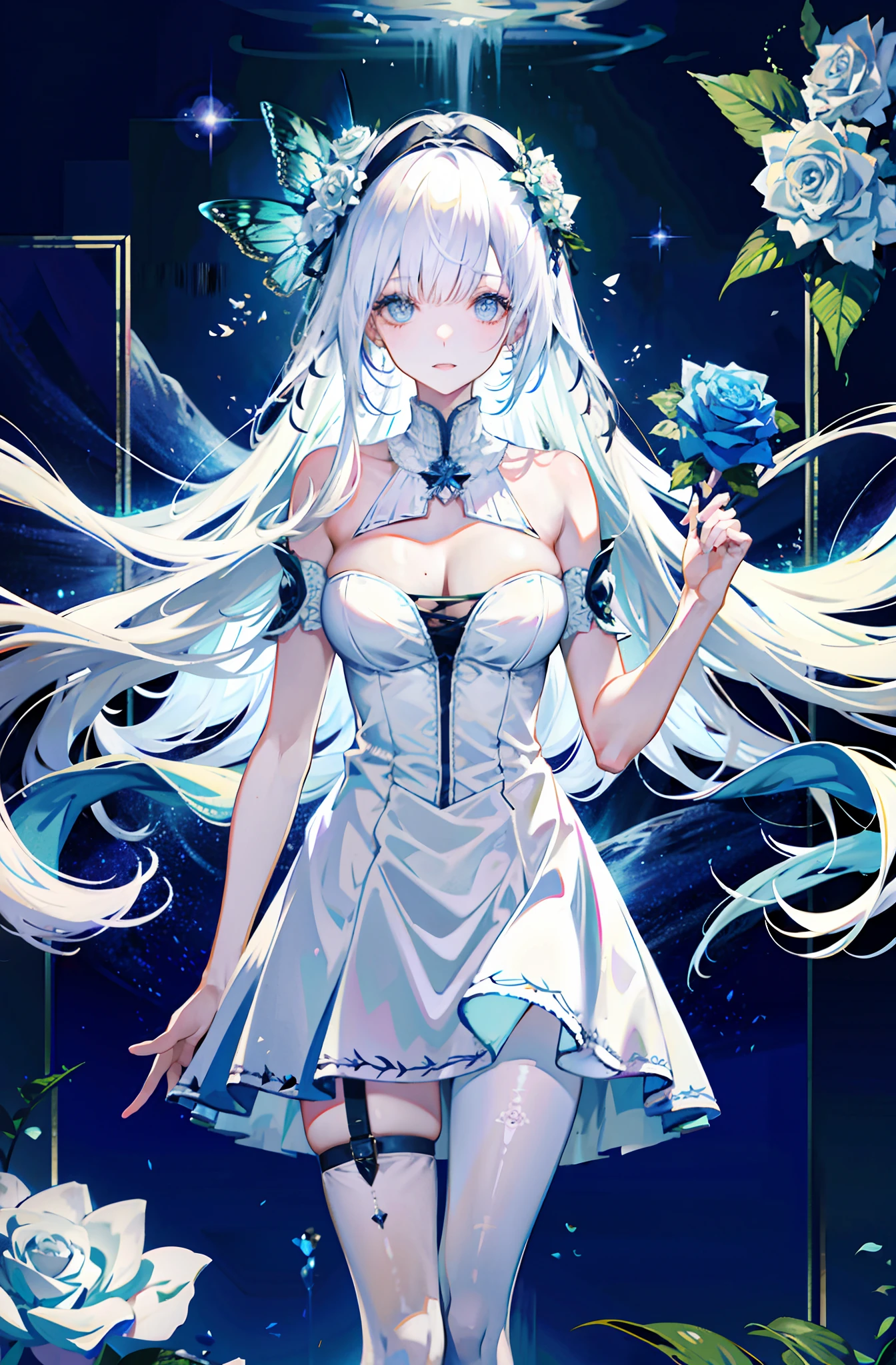 silber hair，butterflys，long whitr hair，8k wallpaper，Highest high resolution，deep v big breasts，Hair over eyes，Bandeau，Bandeau wedding dress，White rose，tight-fitting，stocklings，