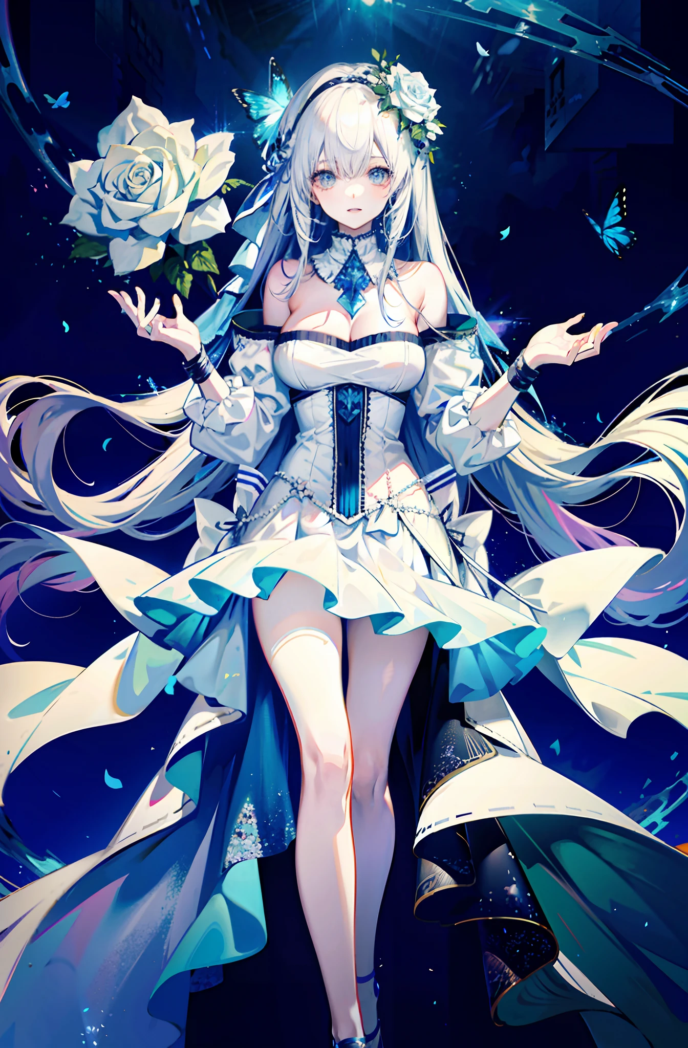 silber hair,butterflys,long whitr hair,8k wallpaper,Highest high resolution,deep v big breasts,Hair over eyes,Bandeau,Bandeau wedding dress,White rose,tight-fitting,stocklings,