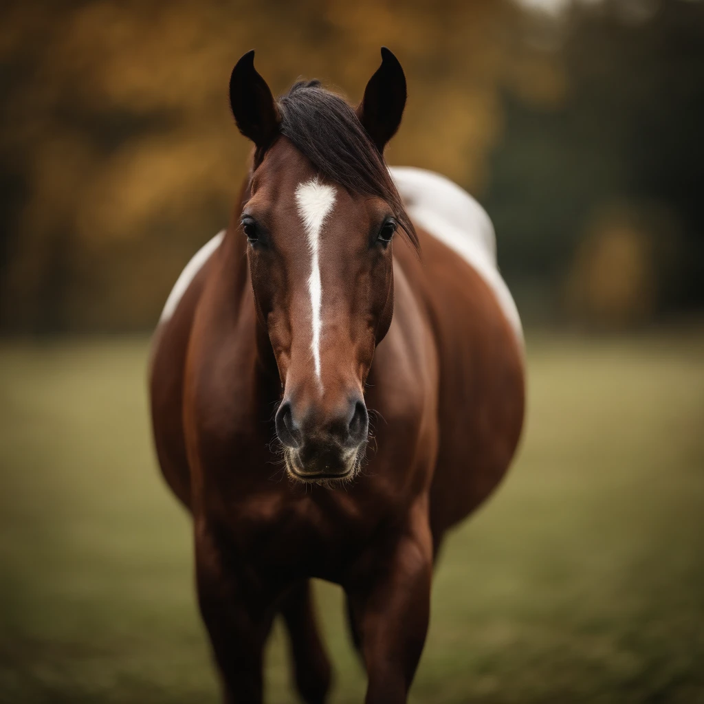 Dark chestnut horse with white bles