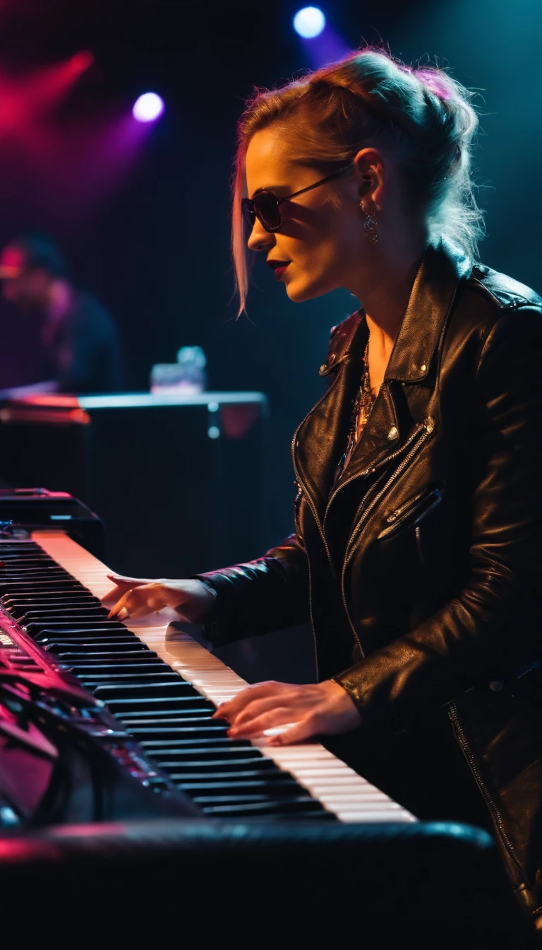 (Outstanding、Professional、Surreal)、Female punk rocker playing keyboard at live concert in crowded arena