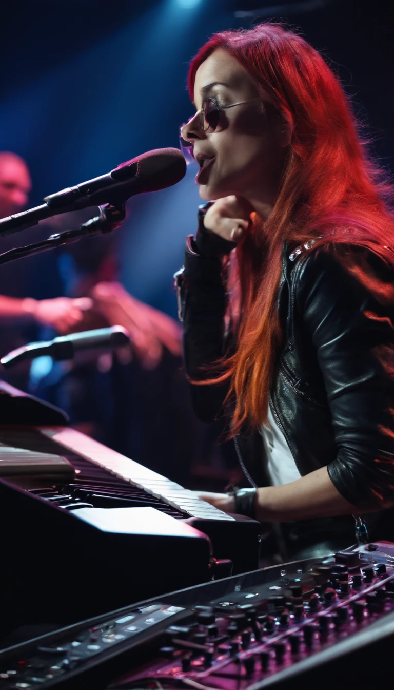 (Outstanding、Professional、Surreal)、Female punk rocker playing keyboard at live concert in crowded arena