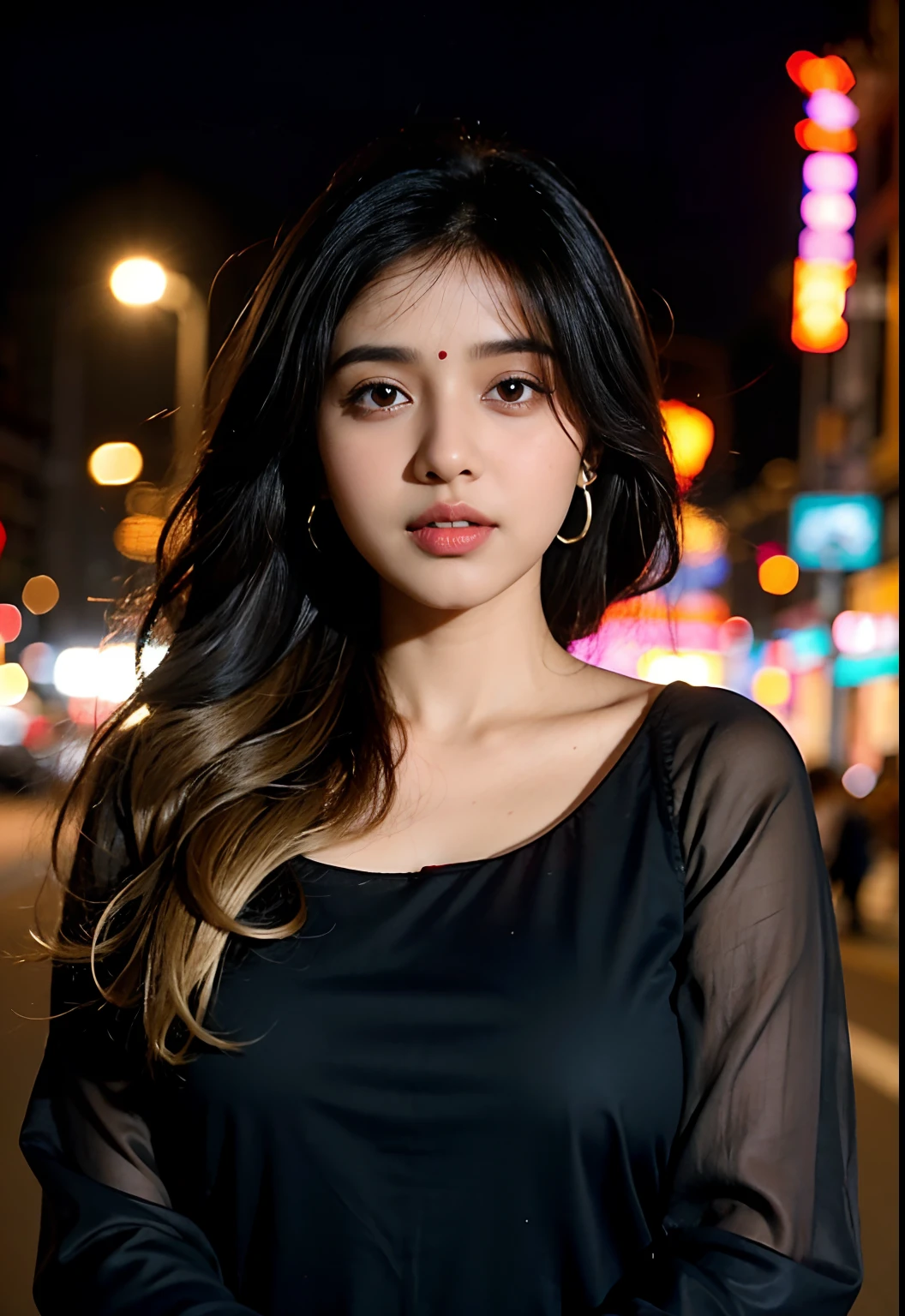 (((desi girl))), chubby face, natural skin, wearing hot deep neck top and dupatta, charming black hair, ((hair ends are blonde)), city streets background, bokeh