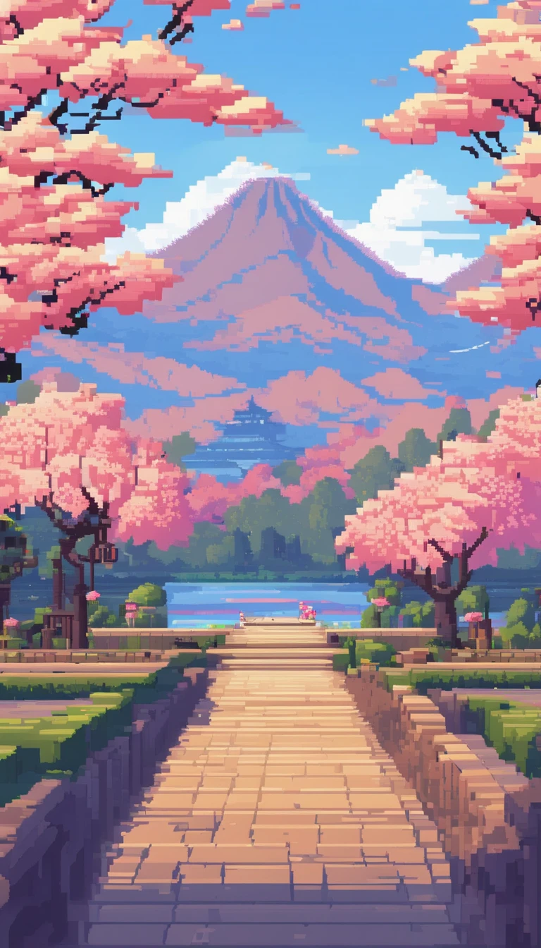 Landscape Art Attractions Pixel Art, evening, 3D Pixel Art 4K Wallpaper, Amazing pixel art detail, pixel art, Steam wave, The pixel art engine is not really detailed., japan, cherry blossoms.