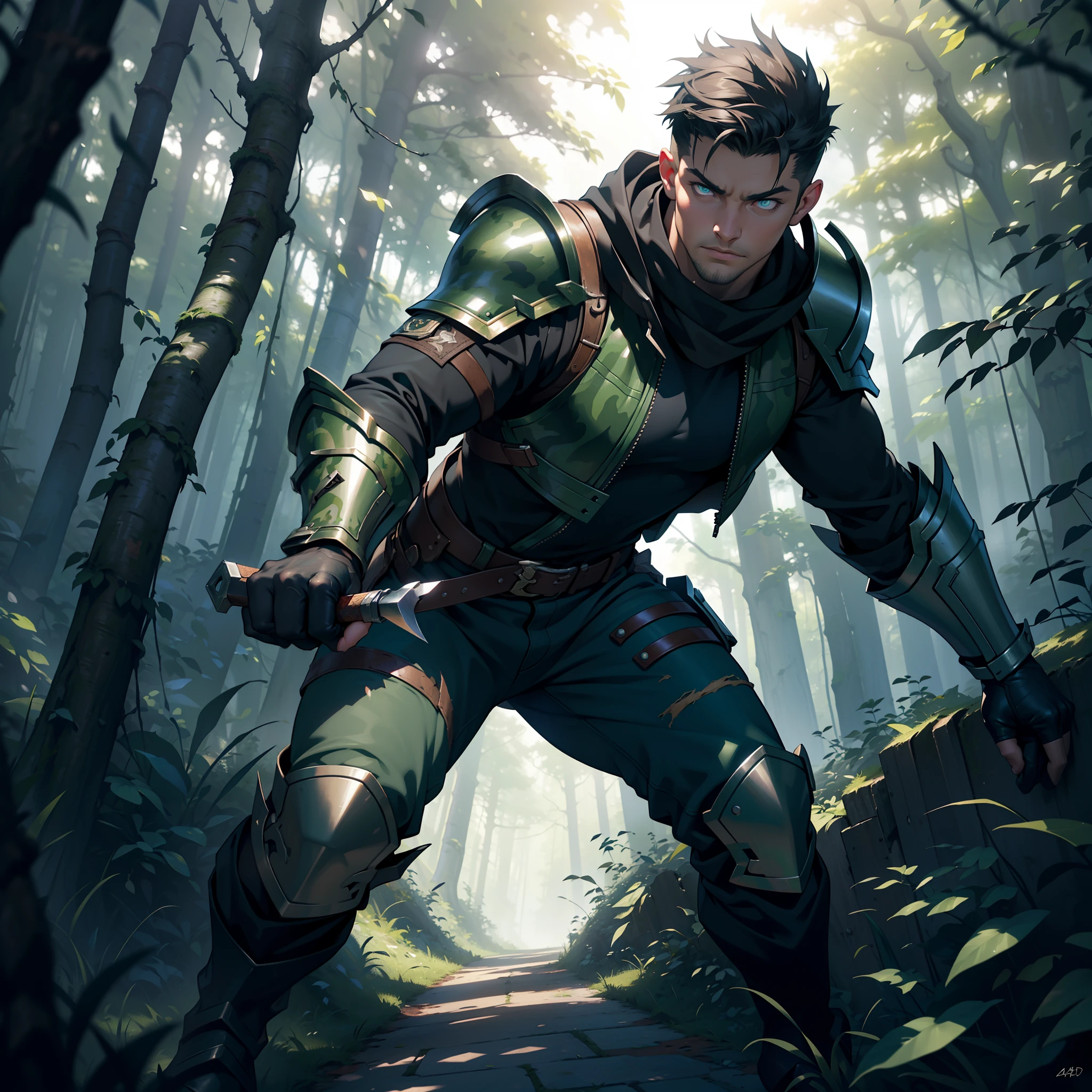 (best quality,4k,8k,highres,masterpiece:1.2),ultra-detailed,(realistic,photorealistic,photo-realistic:1.37),a hunter in a forest,holding two daggers,league of legends art style,splash art,ominous atmosphere,dappled sunlight,thick foliage,majestic trees,tangled vines,mysterious mist,moss-covered ground,apocalyptic sky,weathered leather armor,sharp and shiny blades,powerful stance,glimmering eyes,determined expression,leafy camouflage,blurred background,dynamic composition,dramatic lighting,action-packed scene,vivid colors