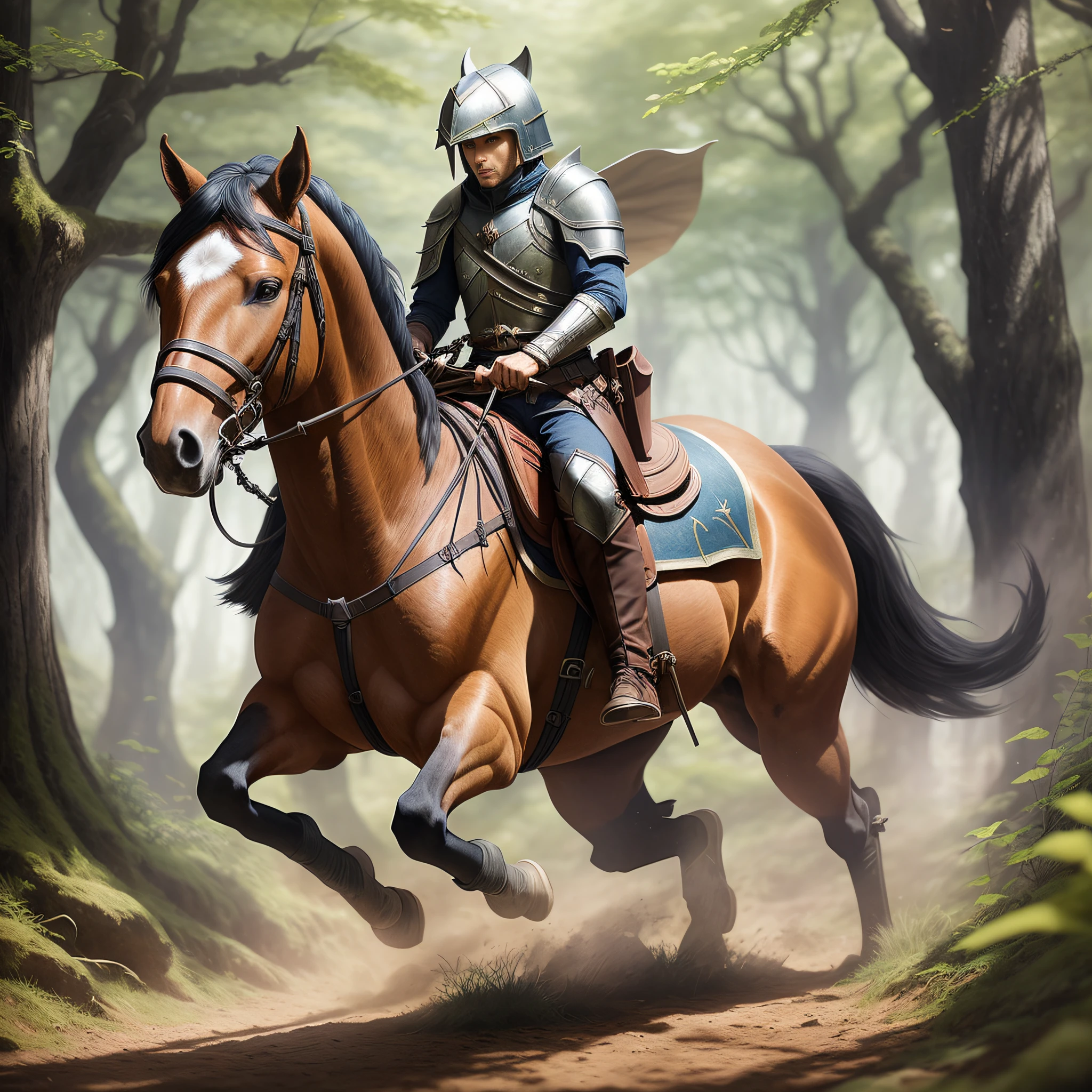 There is a man on a horse in the woods on a trail, cavaleiro a cavalo, cavaleiro da fantasia, Cavalo Guerreiro, Arte do Jogo de Cartas de Fantasia, Arte de fantasia 4k, pintura de um cavaleiro, paladino fantasia, arte fantasia behance, cavaleiro blindado, Cavaleiro elfo, arte do jogo de fantasia medieval, realistic fantasy illustration, arte de fantasia de alta qualidade, Directed by: Cynthia Sheppard