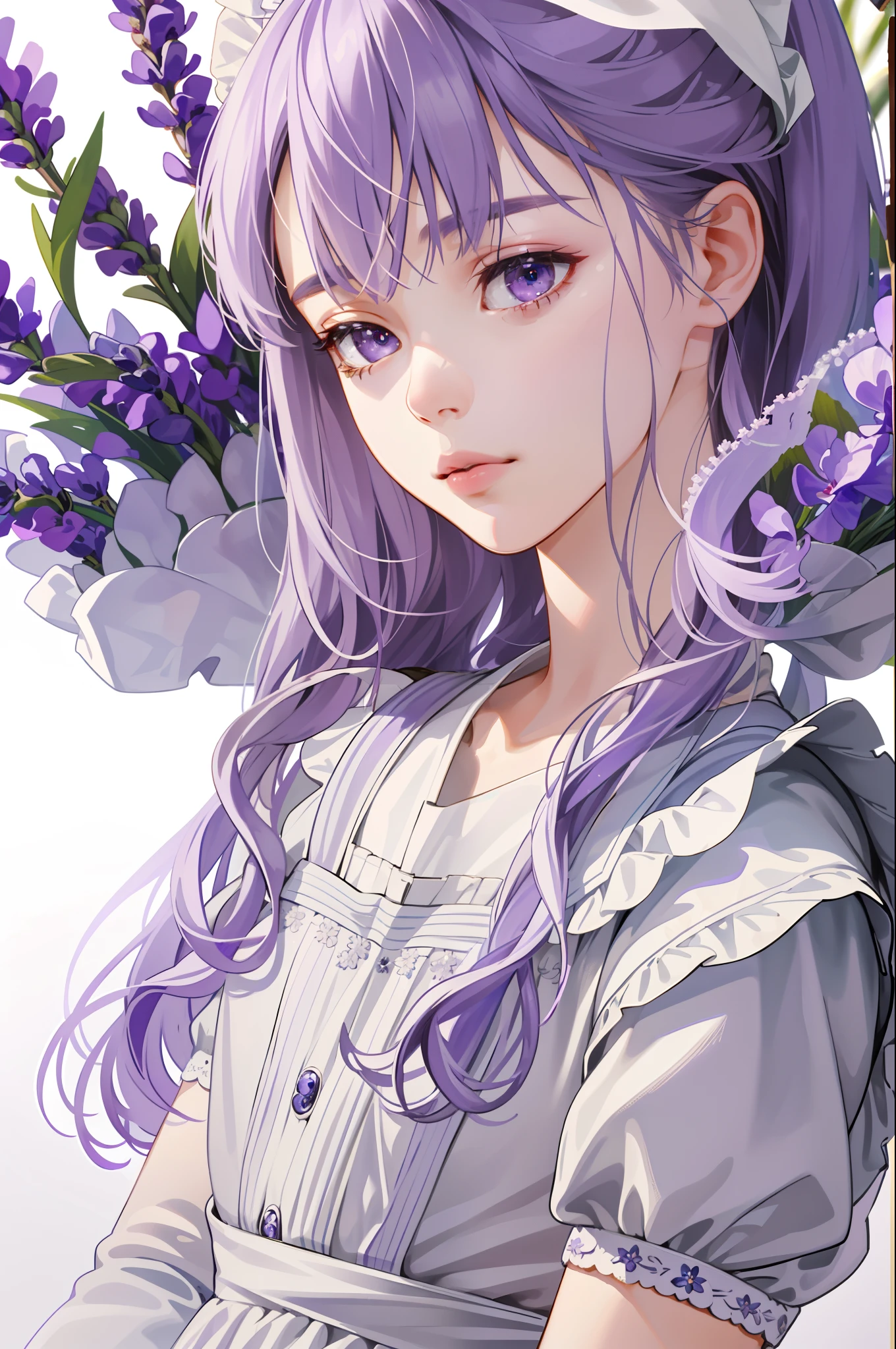 (extremely delicate and beautiful:1.2), 8k ,(masterpiece:1.0),(best_quality:1.0), 1girl, complex details, enlarged textures, complex details, finely detailed eyes and detailed face, intricate details, (closed mouth), perfect eyes, equal eyes, perfect body, extremely detailed, (Child), extremely realistic 3d, (lavender eyes), (lavender hair), (long hair), beautiful, pretty, (maid uniform)