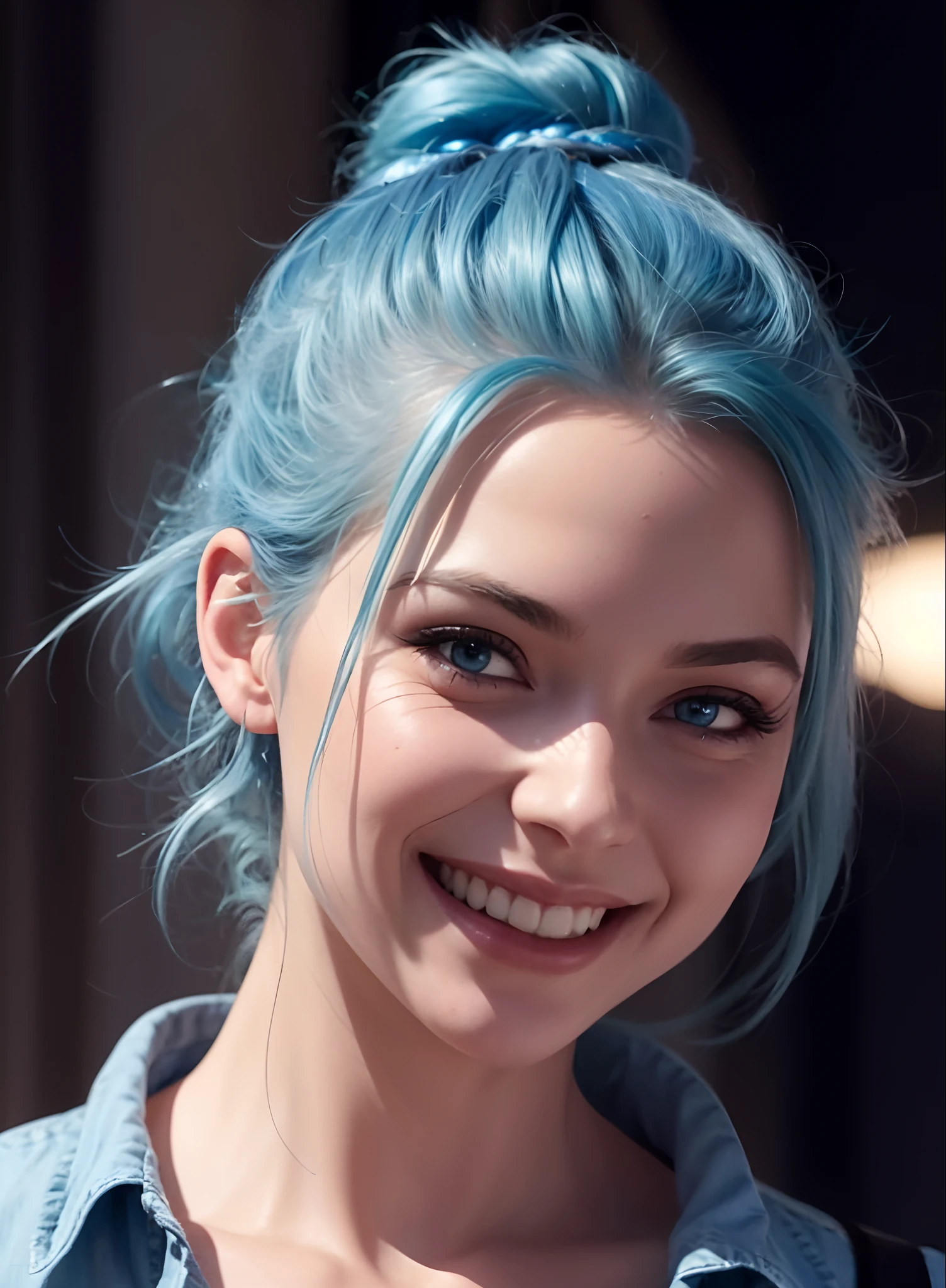 arafed woman with blue hair and a blue shirt smiling, cgsociety portrait, deviantart artstation cgscosiety, realistic digital painting, gorgeous digital painting, beautiful digital artwork, realistic digital art 4 k, realistic digital art 4k, ross tran 8 k, adorable digital painting, ultra realistic digital painting, photorealistic digital painting, stunning digital painting