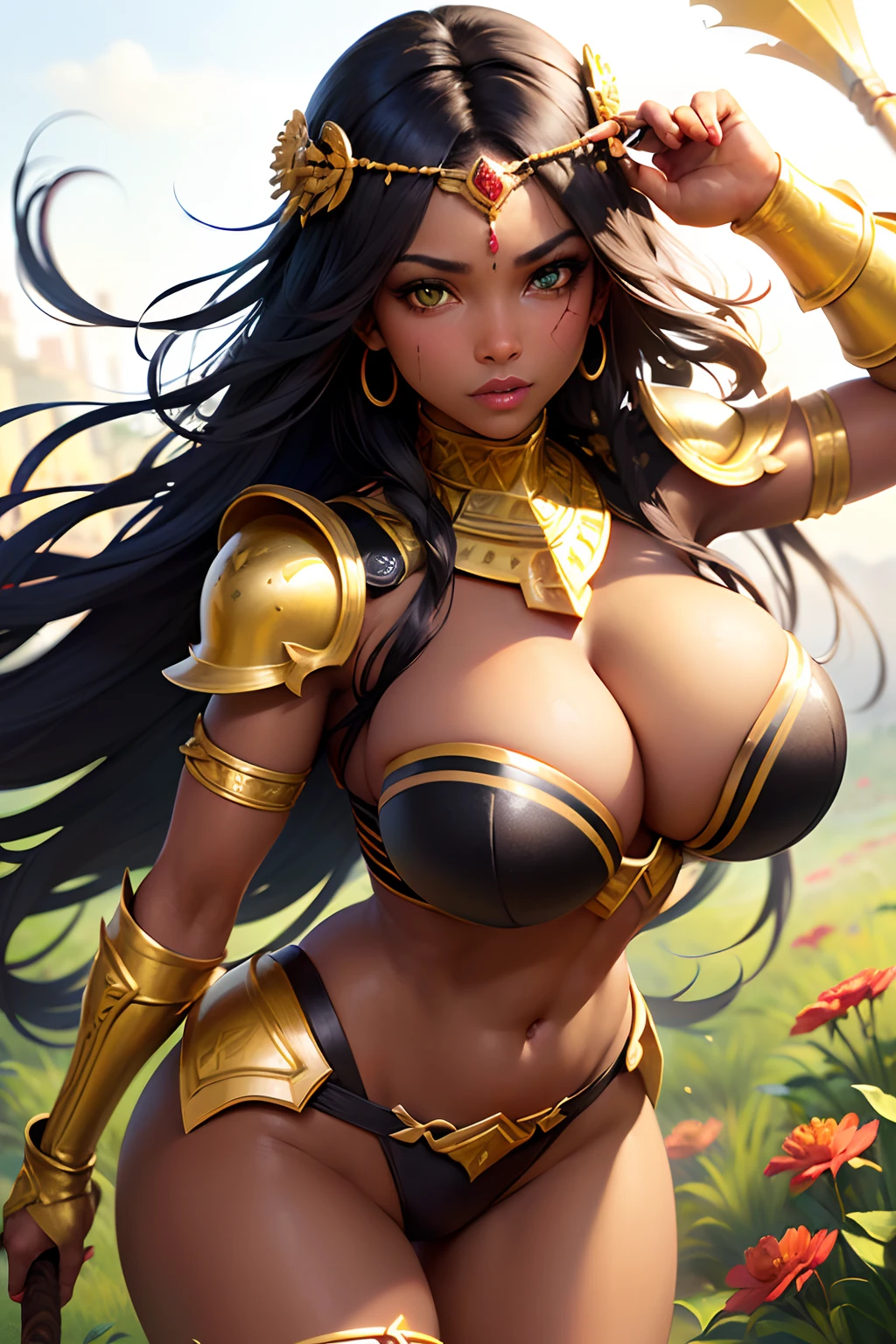 The most beautiful African warrior princess, huge tits, cleavage, black hair, green eyes, dark skin, detailed battle armor, wielding a spear, blood splattered, golden flower pedals blowing in the wind, masterpiece, high quality, high resolution