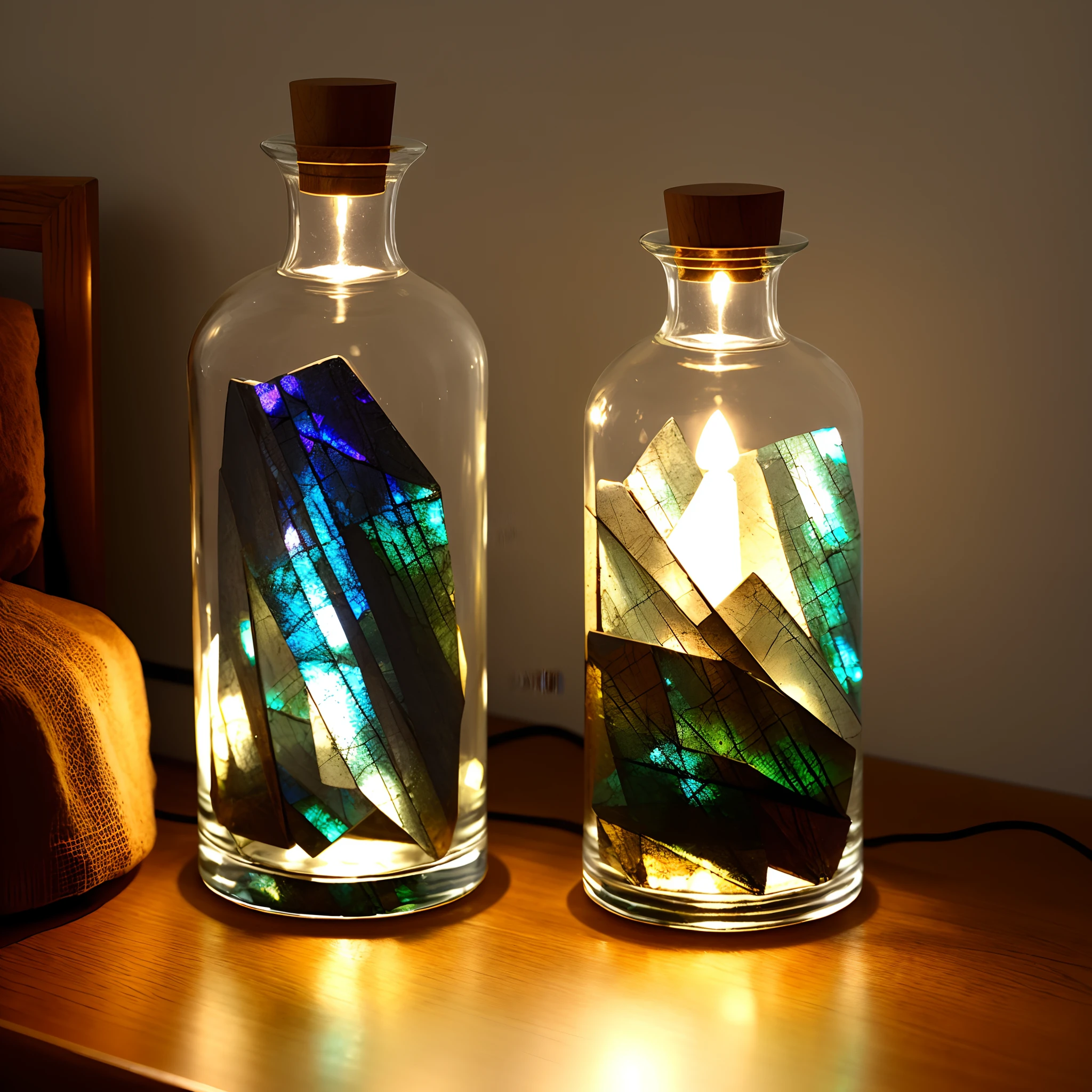A glass bottle containing labradorite,Place on the nightstand,Warm desk lamps illuminate