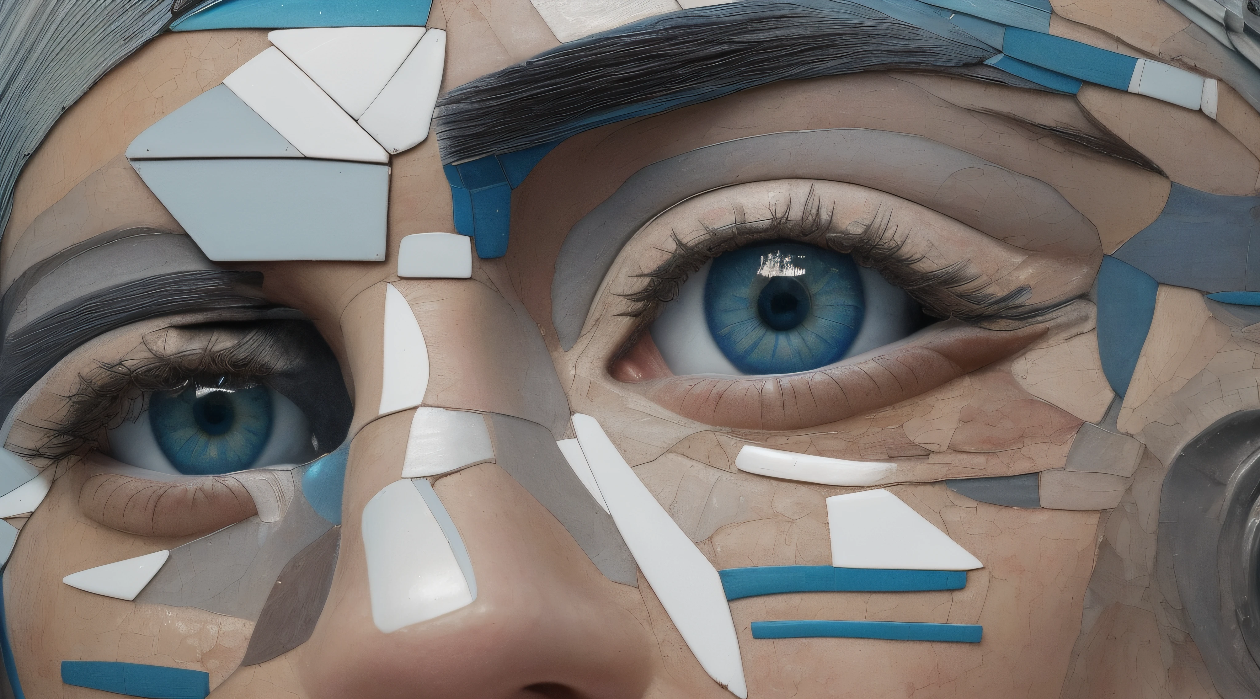 There is a mosaic of the face of a woman with blue eyes, Adriano Borda, olho, Hiper-realismo vrubel, arte deslumbrante, olhos azuis extremamente detalhados, rosto e olhos super detalhados, artista desconhecido, obras de arte impressionantes, rosto e olhos detalhados, Re-elections with an eye, Directed by: Laszlo Balogh, Hyperrealistic mixed media, inspirado por Peter Gric