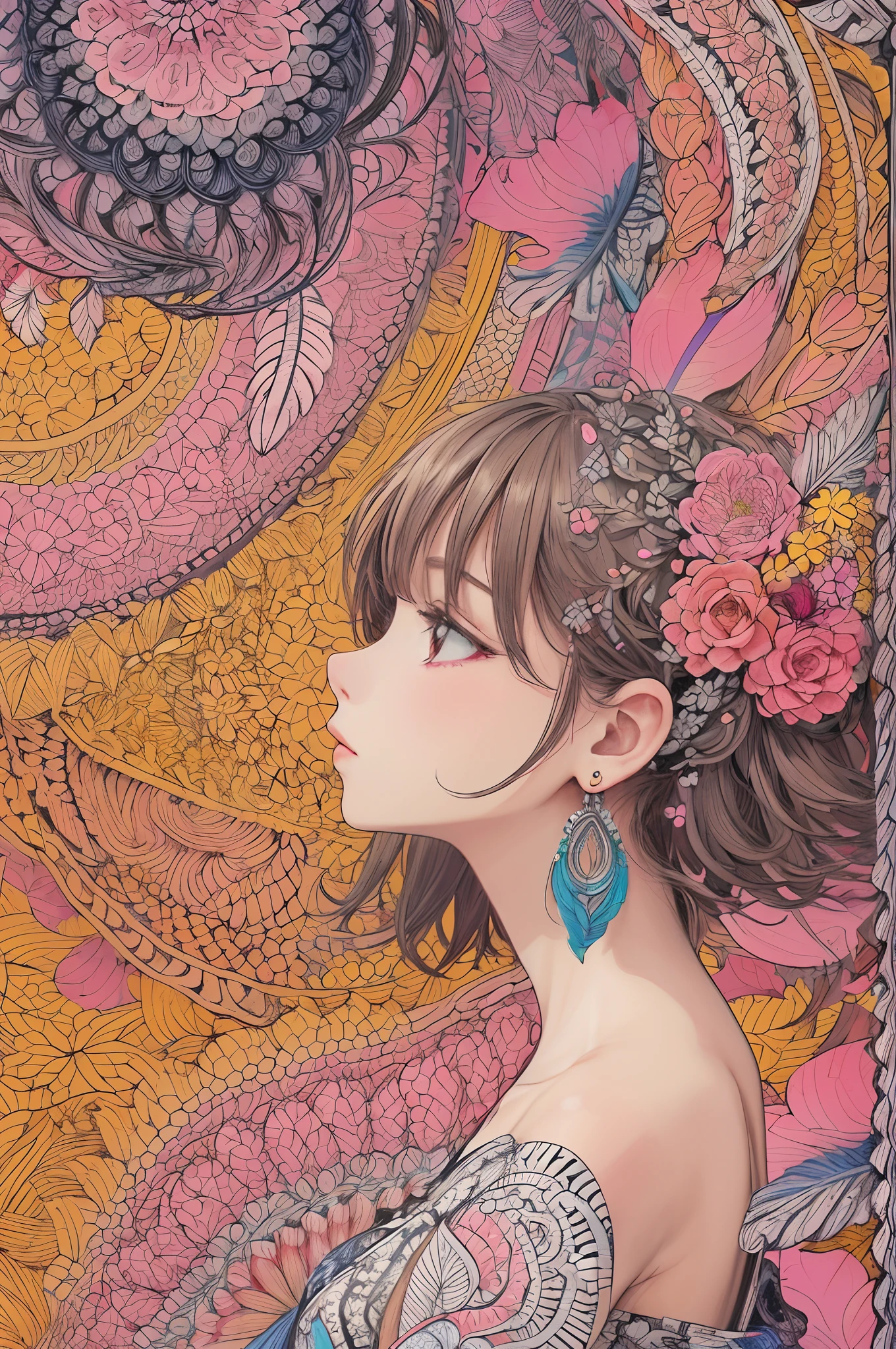 (1girl, solo, from side), extremely detailed, (abstract background, zentangle, fractal art:1.3), (many colors, colorful:1.1), (feathers, petals, flowers:1.3), dynamic pose, earrings