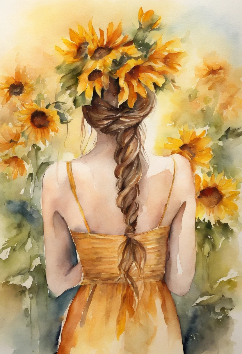 Sonnenblumenfelder、Back view of a beautiful girl、Strahlen der Sonne