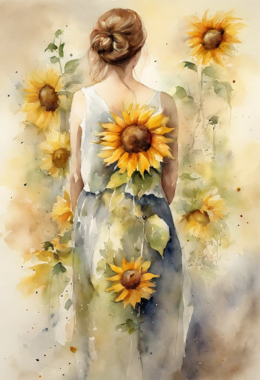 Sonnenblumenfelder、Back view of a beautiful girl、Strahlen der Sonne