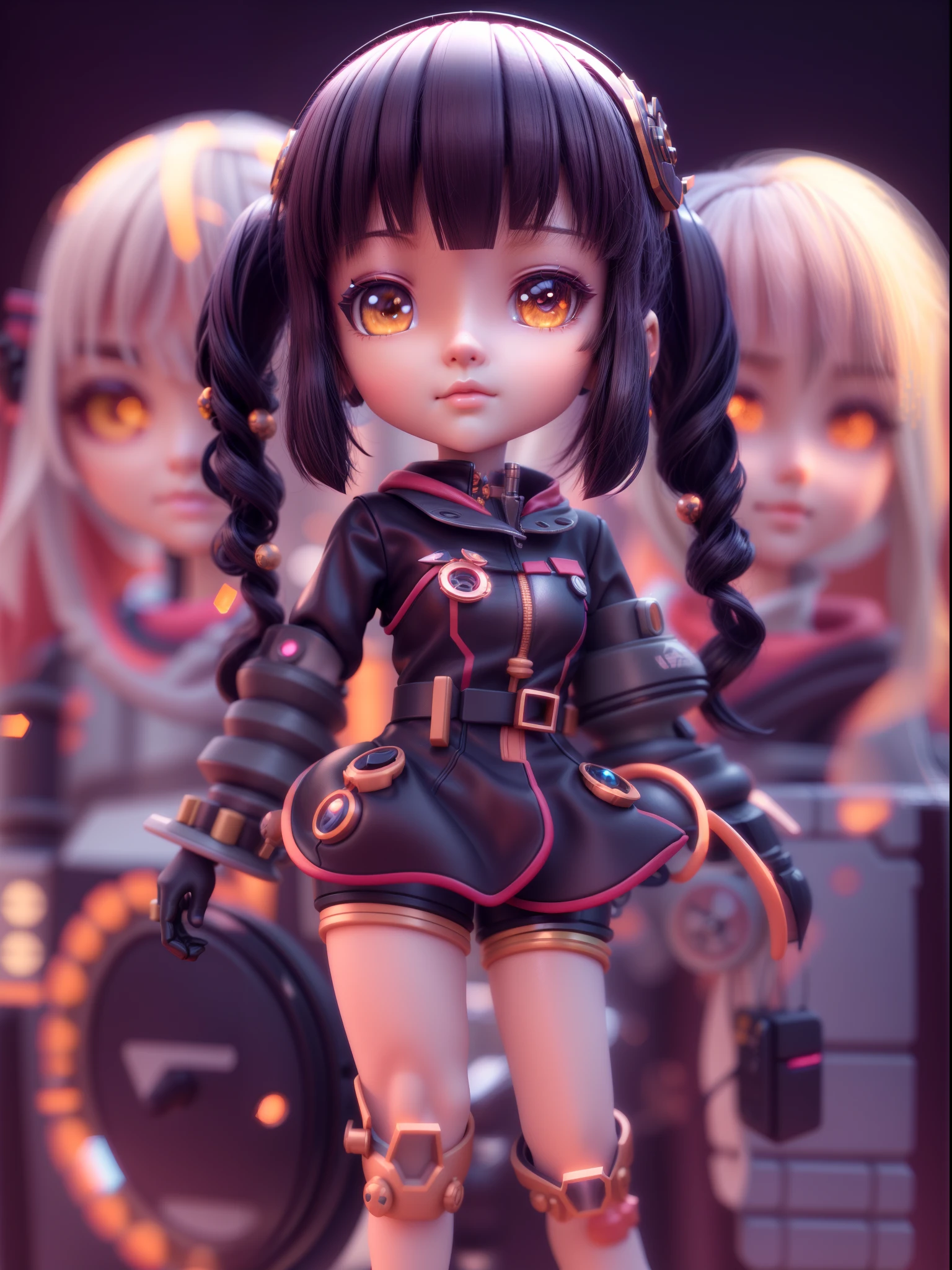 Soft clay character style:Close up of doll in mechanical fantasy style costume, full bodyesbian,Black hair,Don't get too big with dark eyes,The tip of the nose is reddish,with a melancholy expression,Simple rubber texture clothes,Soft clay material,anime styled 3d, 8k high-quality detailed art, Stylized anime, 3 d render stylized, Cute detailed digital art, lovely art style, Mechanical fantasy style background,8K, cute 3 d render, render of a cute 3d anime girl, Anime Stylization, adorable digital art,Soft lighting,The light is dim and yellow,,Sense of light and shadow,