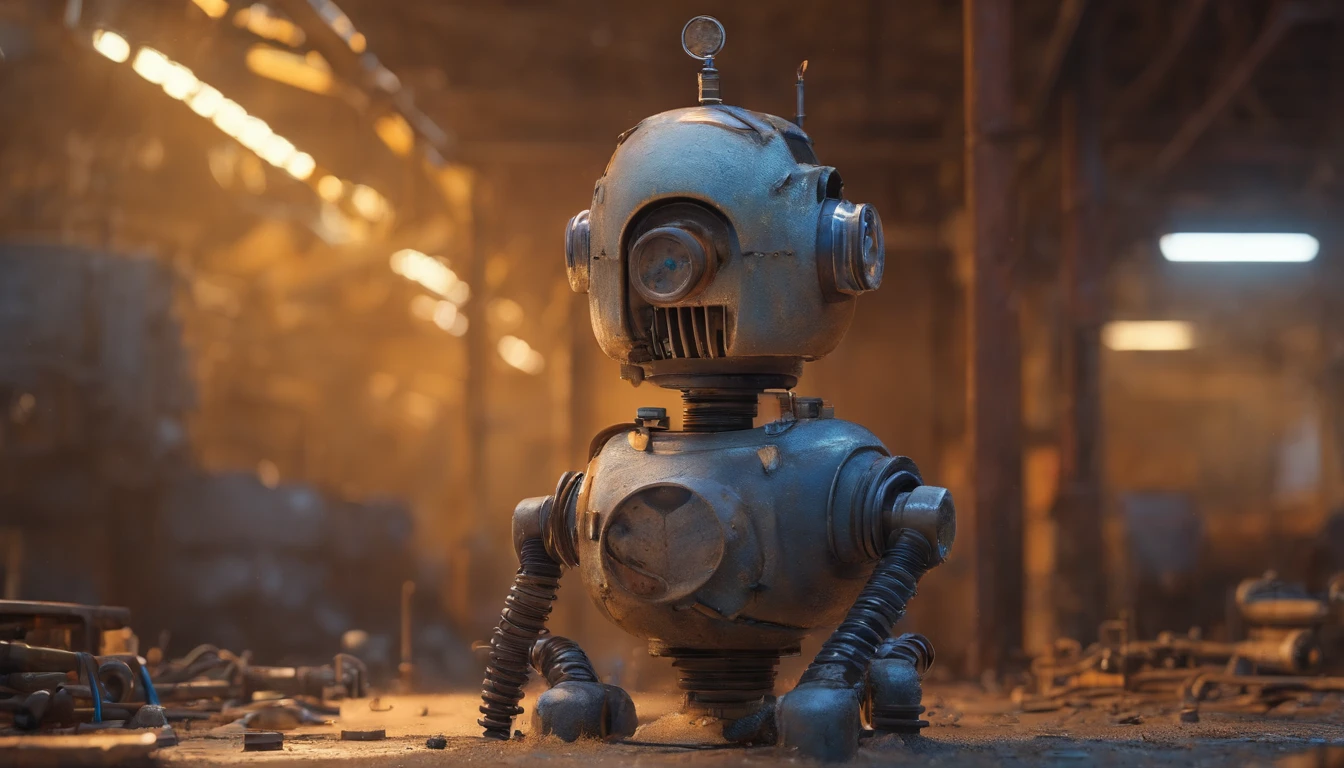 Portrait photo of a sad lamenting robot made of plastic pipes, dirt water, oil, maintenance, in an old rusty factory