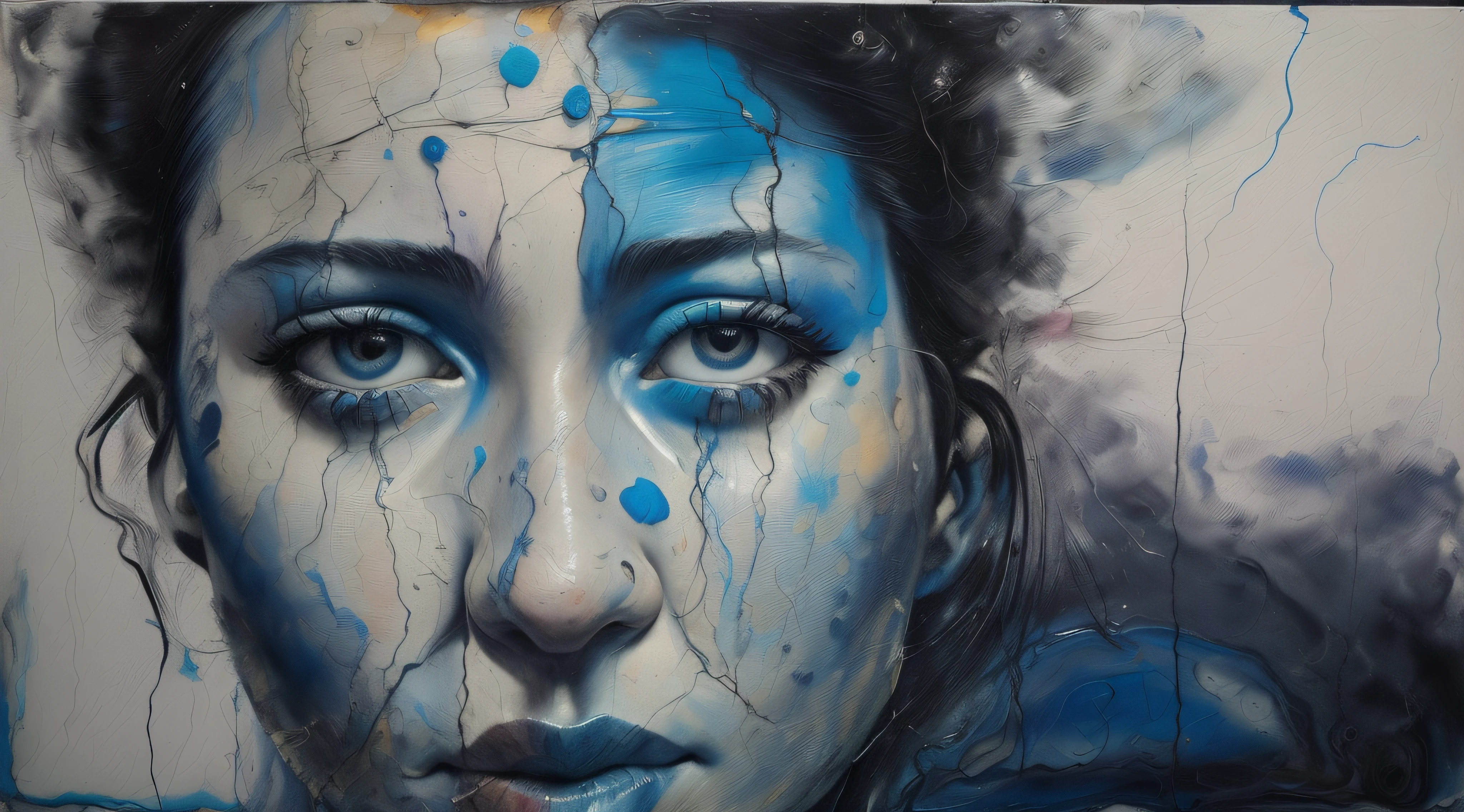 pintura de uma mulher com olhos azuis e uma faixa azul na testa, ( ( ( Jenny Saville ) ) ), retrato pintado centrado no lado, por artista, retrato pintado centralizado, arte deslumbrante, Ryan Hewett, Directed by: Sam Spratt, Directed by: Paul Davis, atordoante, inspirado em Guy Denning, Sandra Chevrier e John Hoyland, Directed by: Micha Klein
