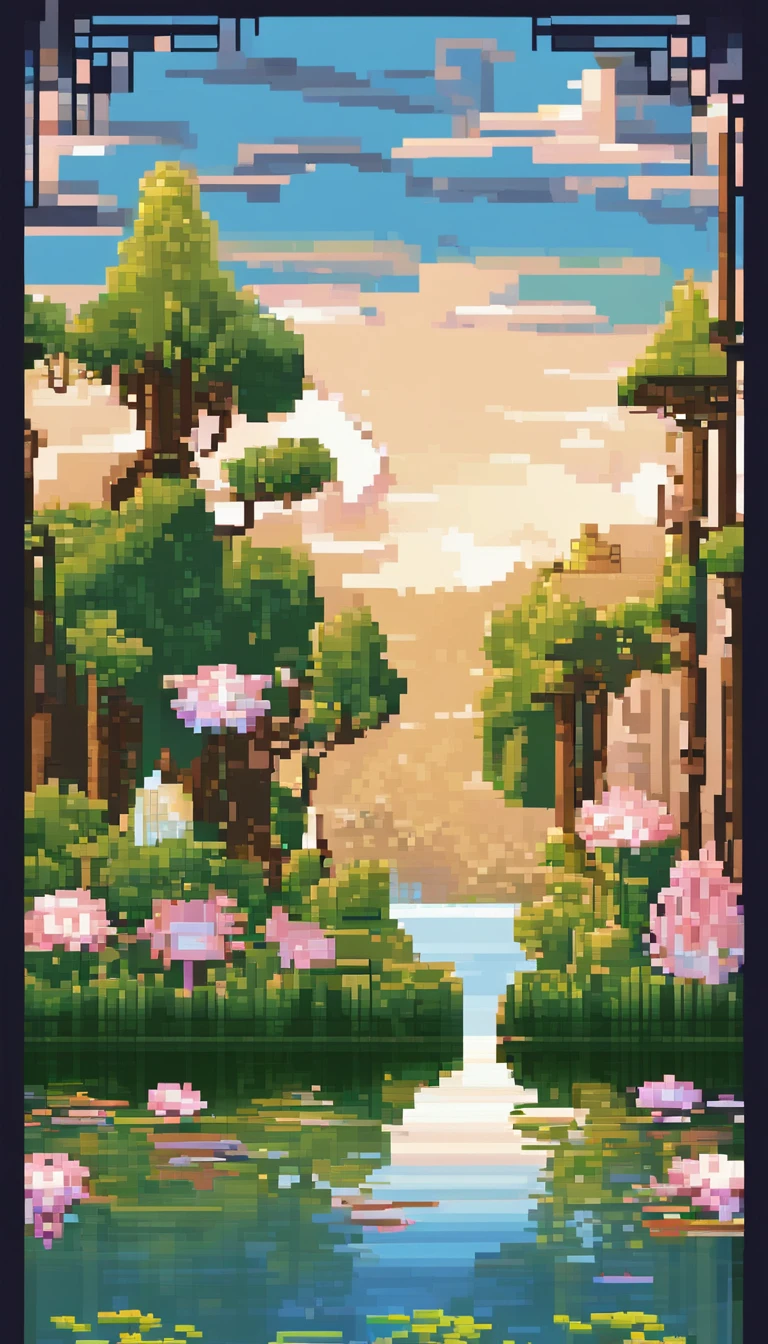 Landscape Art Attractions Pixel Art, evening, 3D Pixel Art 4K Wallpaper, Amazing pixel art detail, pixel art, Steam wave, The pixel art engine is not really detailed, lotus pond, lily flower pond.