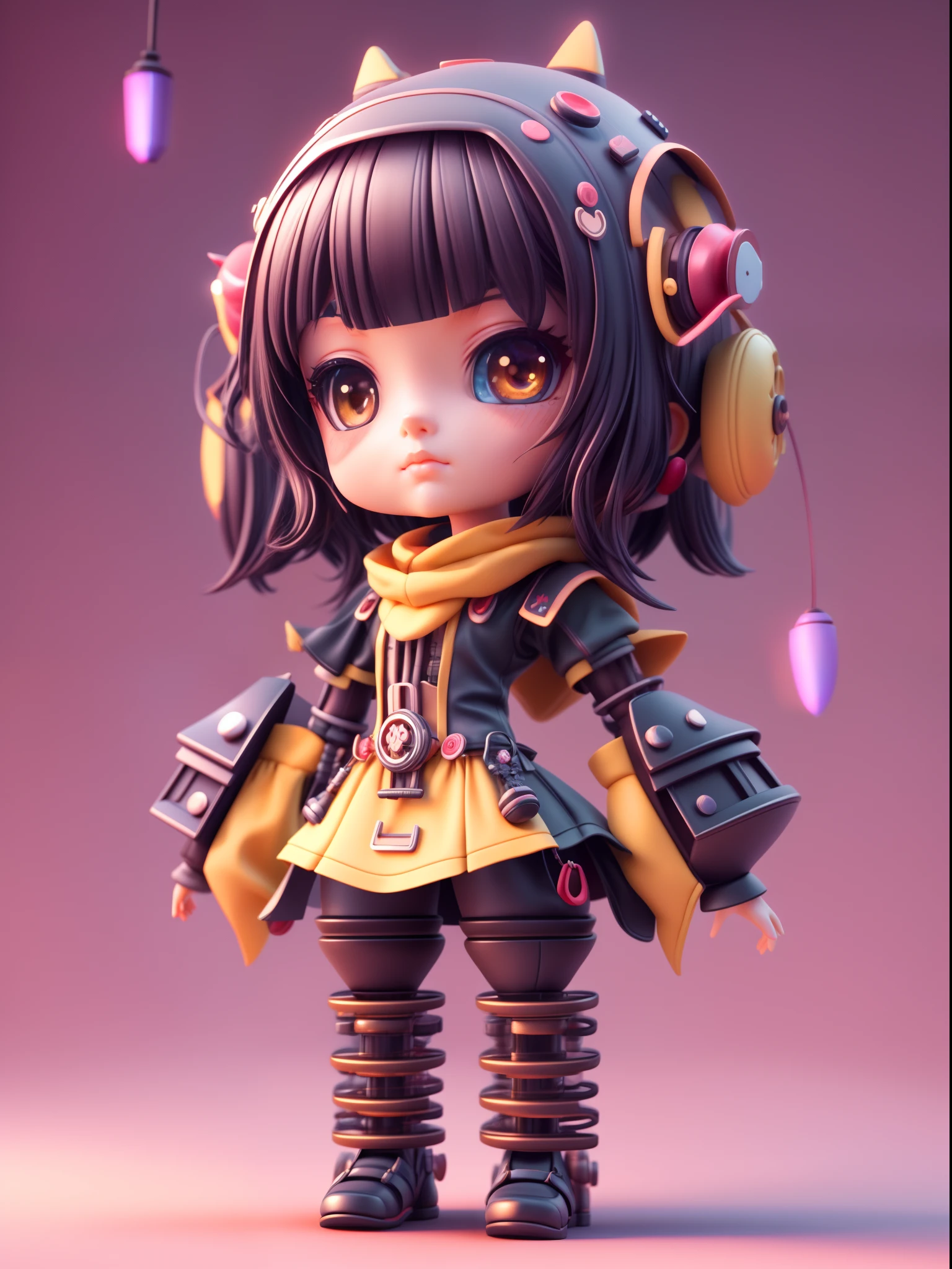 Soft clay character style:Close up of doll in mechanical fantasy style costume, full bodyesbian,Black hair,Don't get too big with dark eyes,The tip of the nose is reddish,with a melancholy expression,Simple rubber texture clothes,Soft clay material,anime styled 3d, 8k high-quality detailed art, Stylized anime, 3 d render stylized, Cute detailed digital art, lovely art style, Mechanical fantasy style background,8K, cute 3 d render, render of a cute 3d anime girl, Anime Stylization, adorable digital art,Soft lighting,The light is dim and yellow,,Sense of light and shadow,