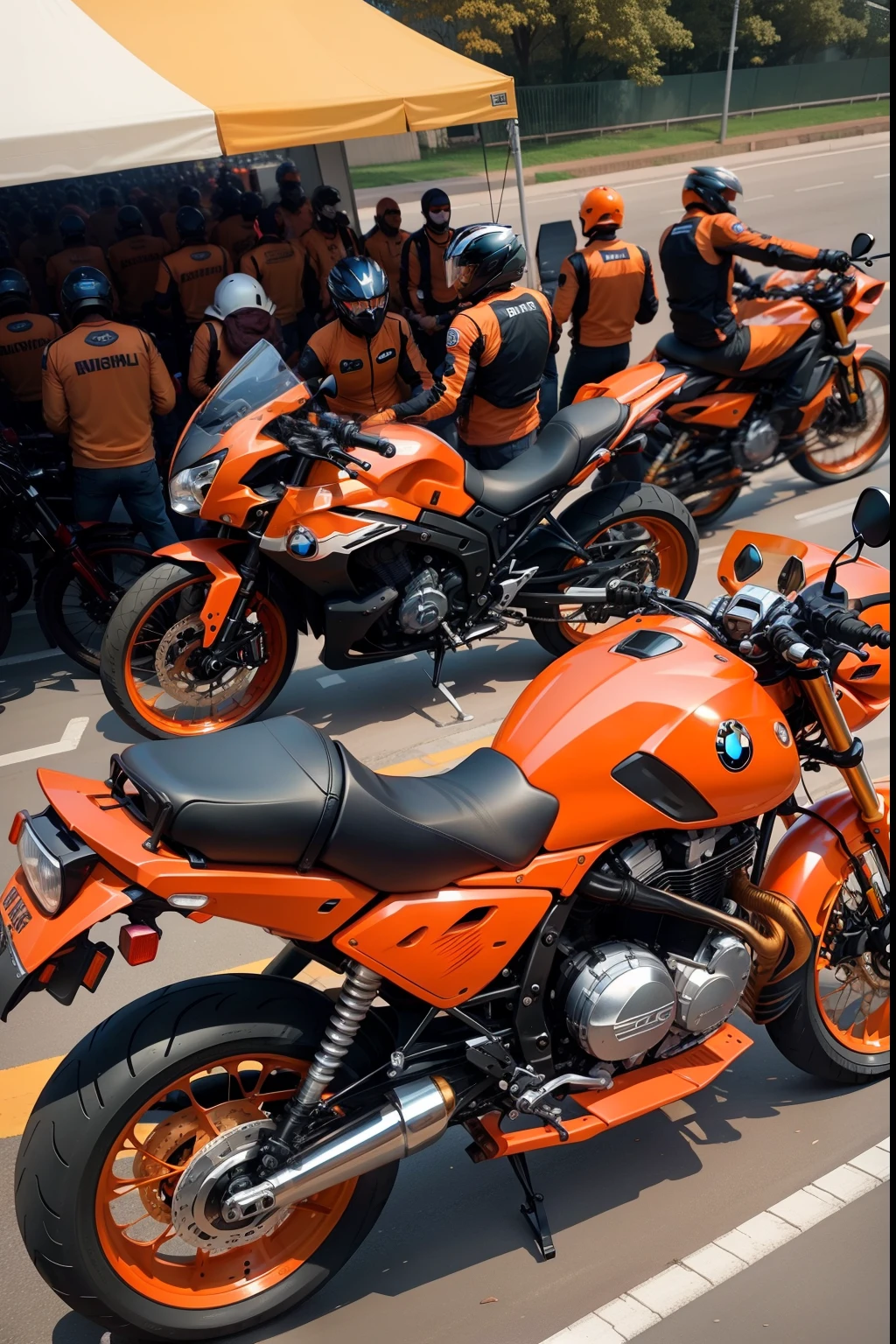 a large gathering of many orange bikes and a large all-male parking lot, only of very realistic bikes. omotos BMW bem realistas. com homens sentados nelas. e homens.