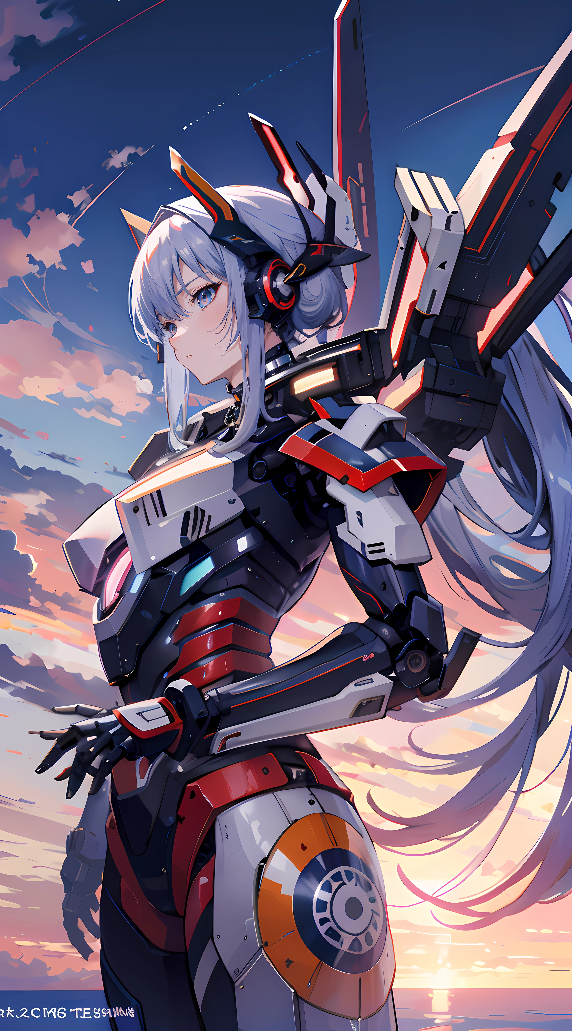 textless, wide shot, background ocean of clouds, CyberRonin, (Cyber-Samurai:1.2), girl, mecha, 8k, high resolution,