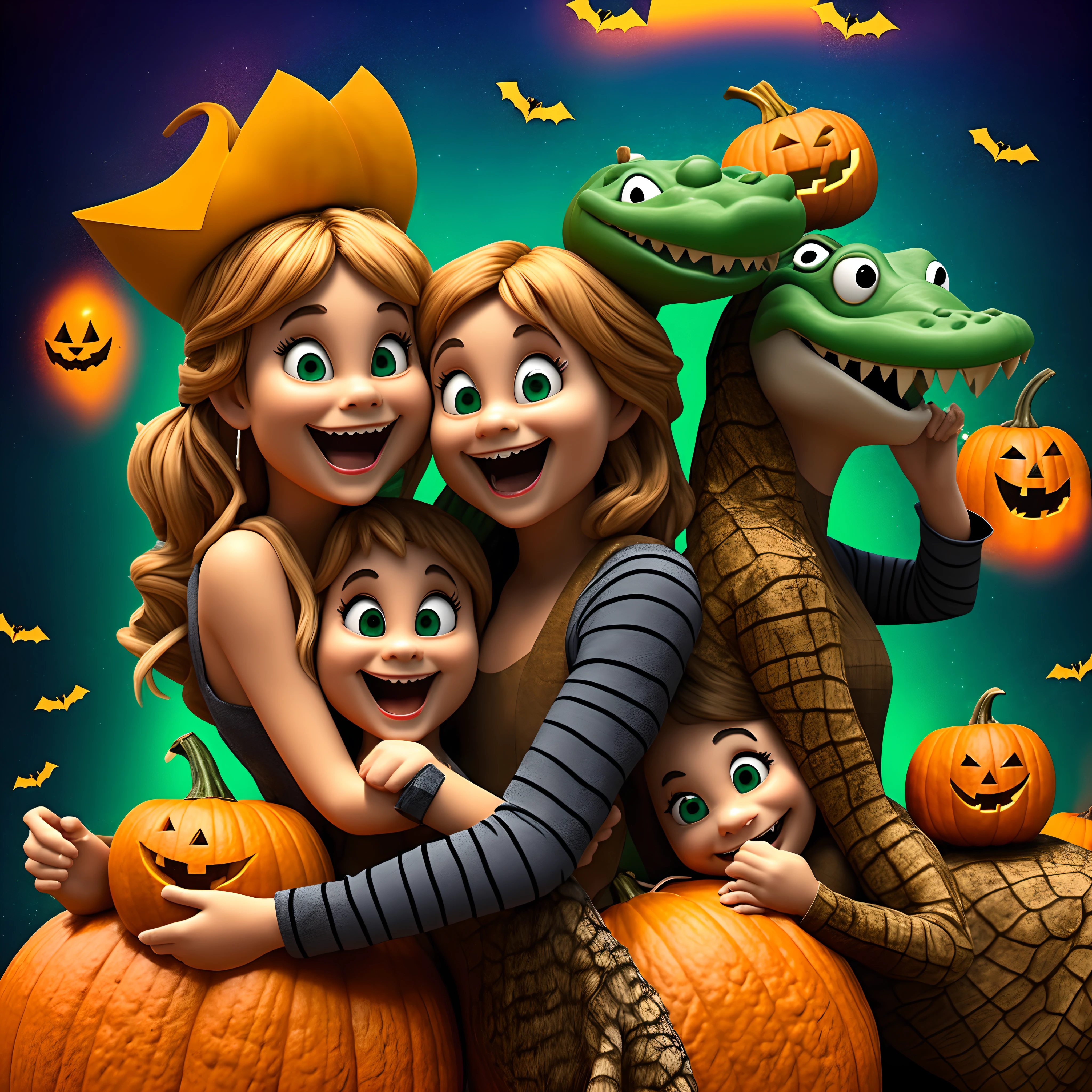 Happy Halloween! Announcement. poster 3 Funny funny wild crocodiles in costumes hugging a pumpkin. In the style of a 3D Disney cartoon. Close-up. Blurred background. Blue-green-red studio lighting. light haze. --auto --s2