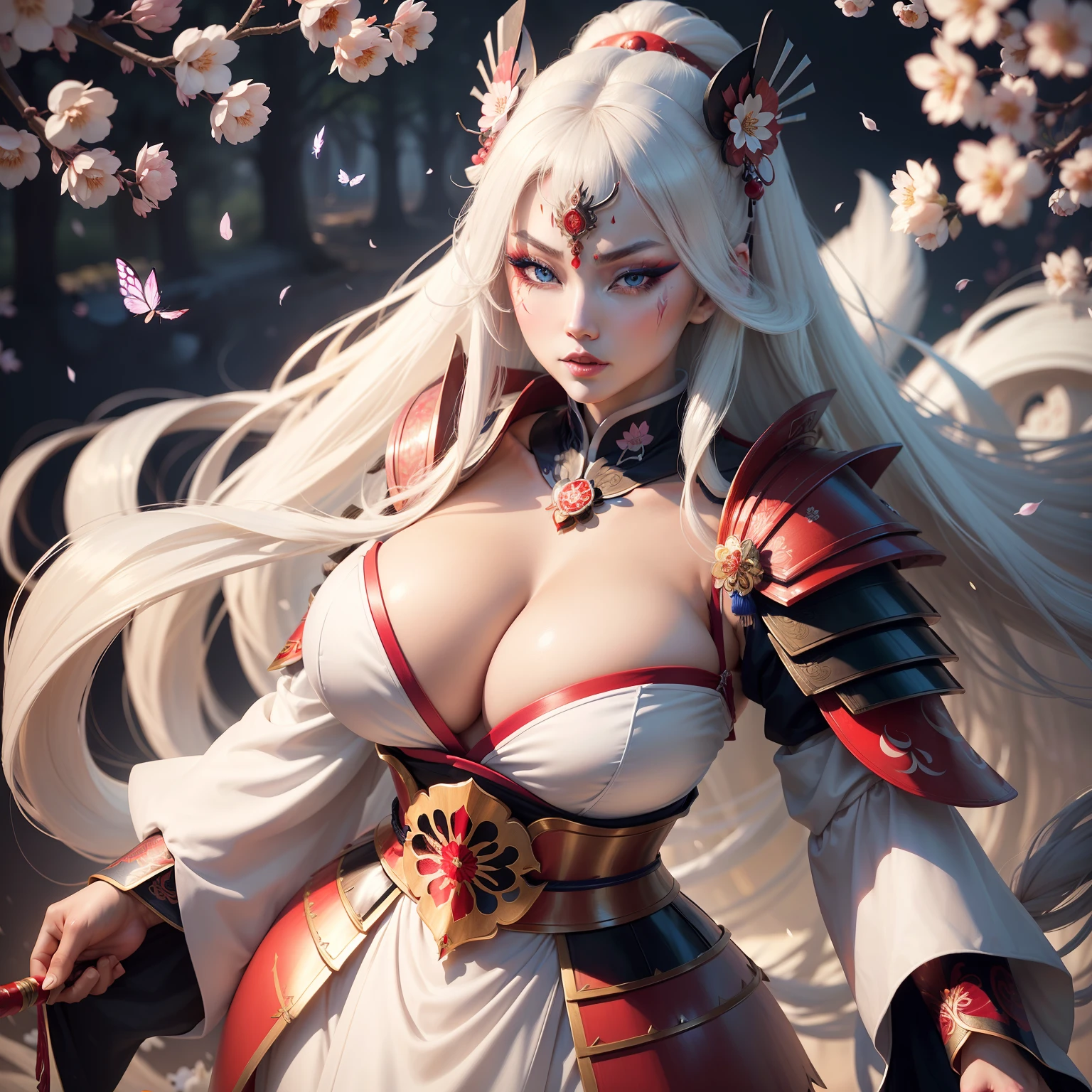 The most beautiful and gorgeous kabuki warrior princess, kabuki style makeup, long white hair, blue eyes, huge tits, cleavage, highly detailed white samurai armor, cherry blossoms and butterflies blowing in the wind, masterpiece, high quality, high resolution