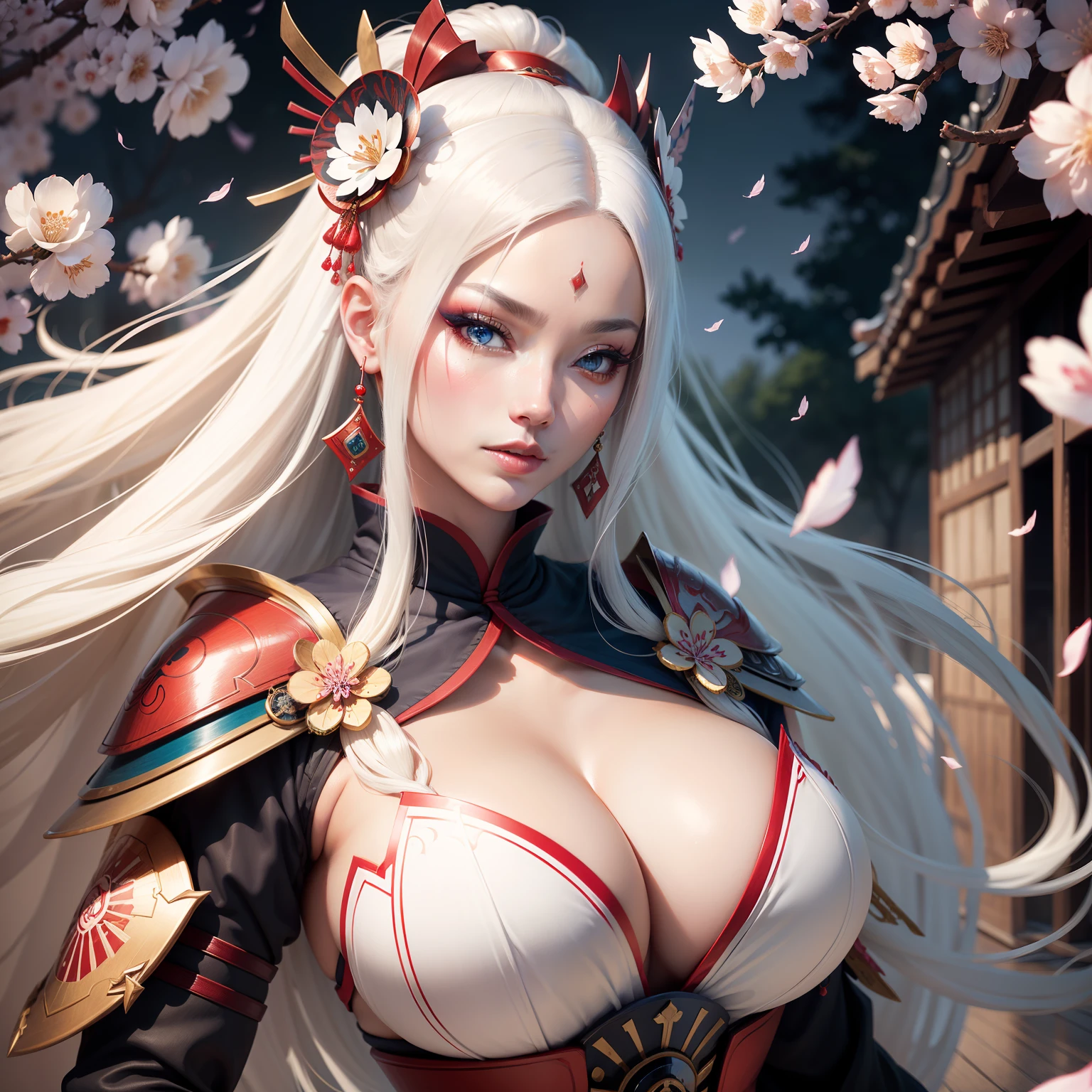 The most beautiful and gorgeous kabuki warrior princess, kabuki style makeup, long white hair, blue eyes, huge tits, cleavage, highly detailed white samurai armor, cherry blossoms and butterflies blowing in the wind, masterpiece, high quality, high resolution