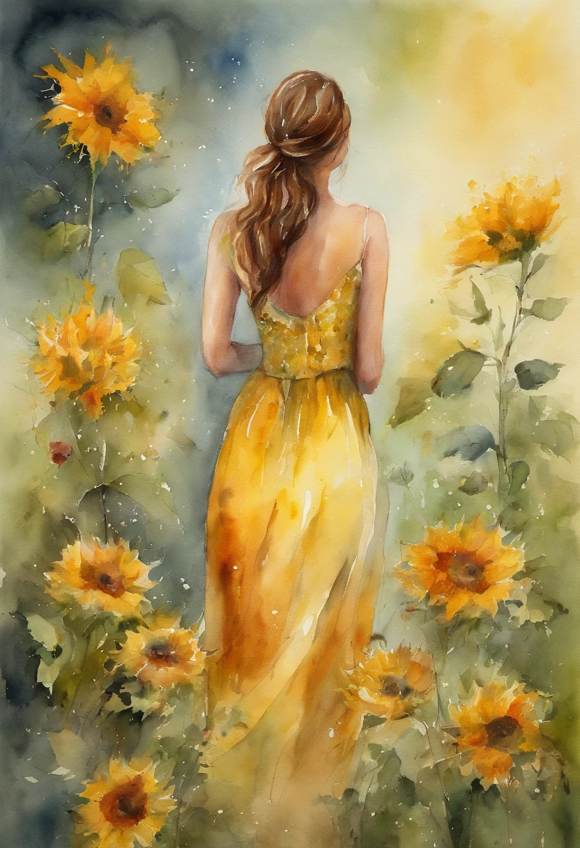 Sonnenblumenfelder、Back view of a beautiful girl、Strahlen der Sonne